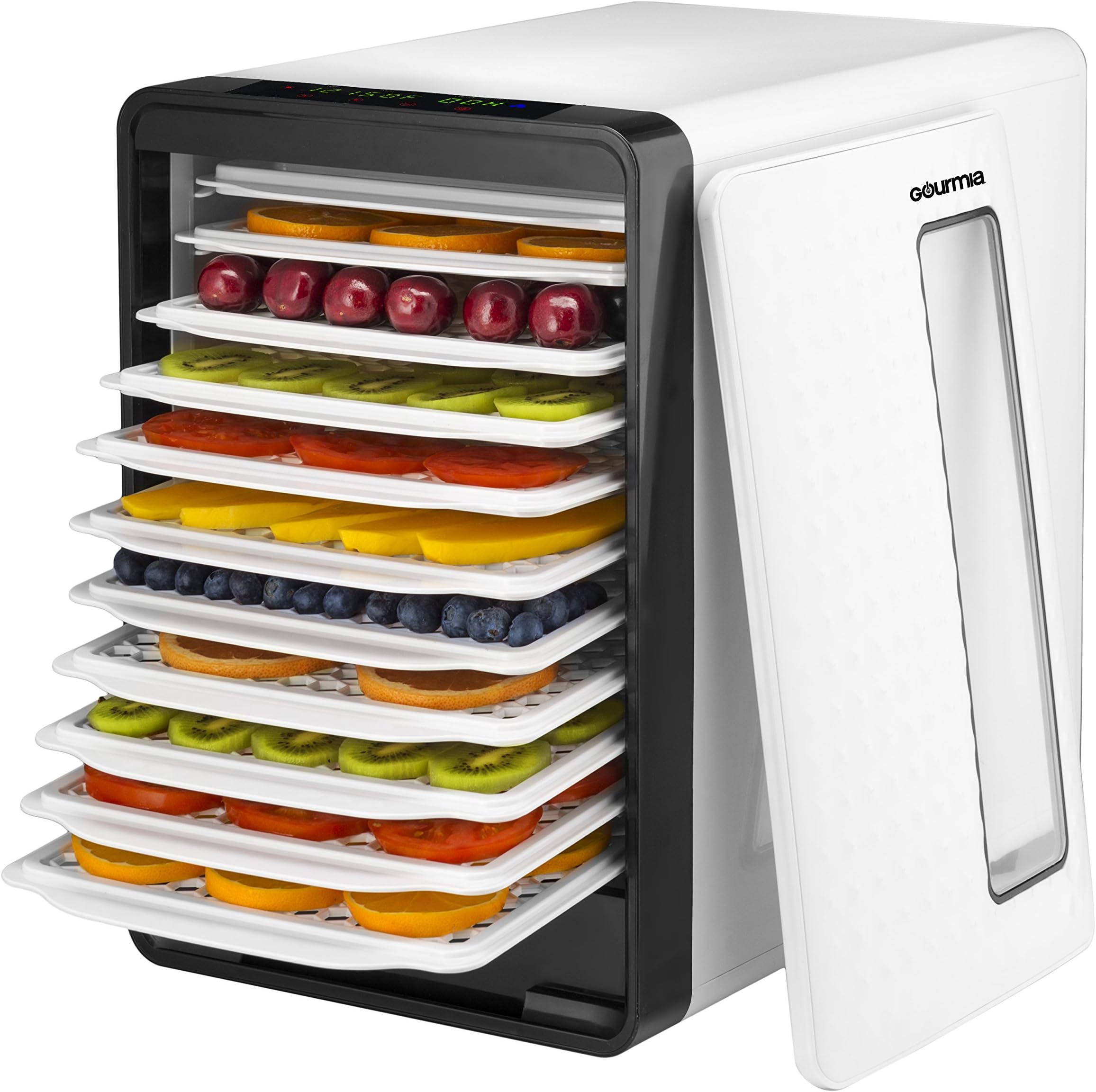 Gourmia GFD1850 Food Dehydrator With Touch Digital Temperature Control, Ten Drying Trays Plus Beef Jerky & Sausage Hanging Rack, Sleek Design, Transparent Window & Free Recipe Book - White