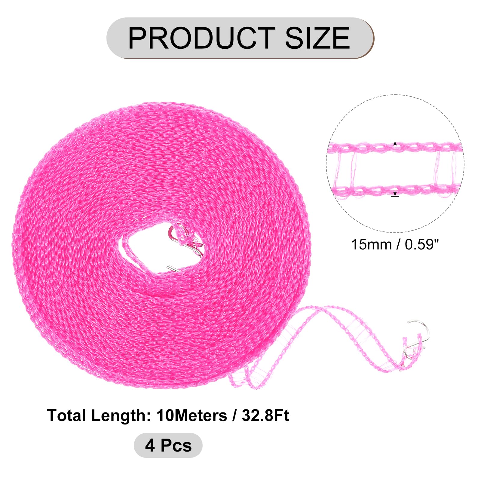 QUARKZMAN 4Pezzi 10 Metri Corda Stendibiancheria in Nylon Antivento, Corda da Stendere Portatile, Corda da Stendere Regolabile per Campeggio Viaggio Appendiabiti o Casa, Rosa