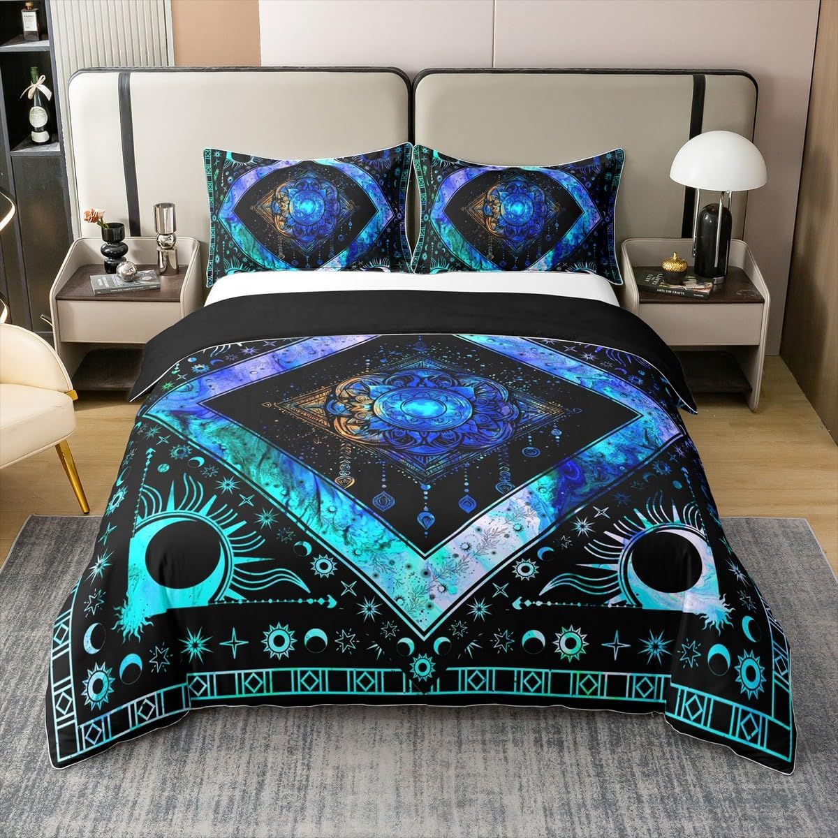 Boho Dream Catcher 100% Cotton Duvet Cover King Hippie Sun and Moon Bedding Set Bohemian Exotic Comforter Cover Psychedelic Cosmos Nebula Bed Sets Trippy Ethnic Tribe Bedding with Zipper 3Pcs