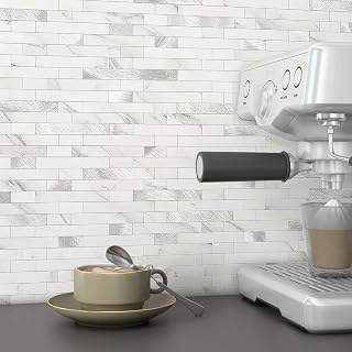 MOFIT 3D Stone Brick Backsplash Tile for Kitchen Peel and Stick Self-Adhesive Wall Tile,Marble Linear Mosaic Tiles Stickers Bathroom Wall Panels Fireplace Vanity (White Silver,10sheets)