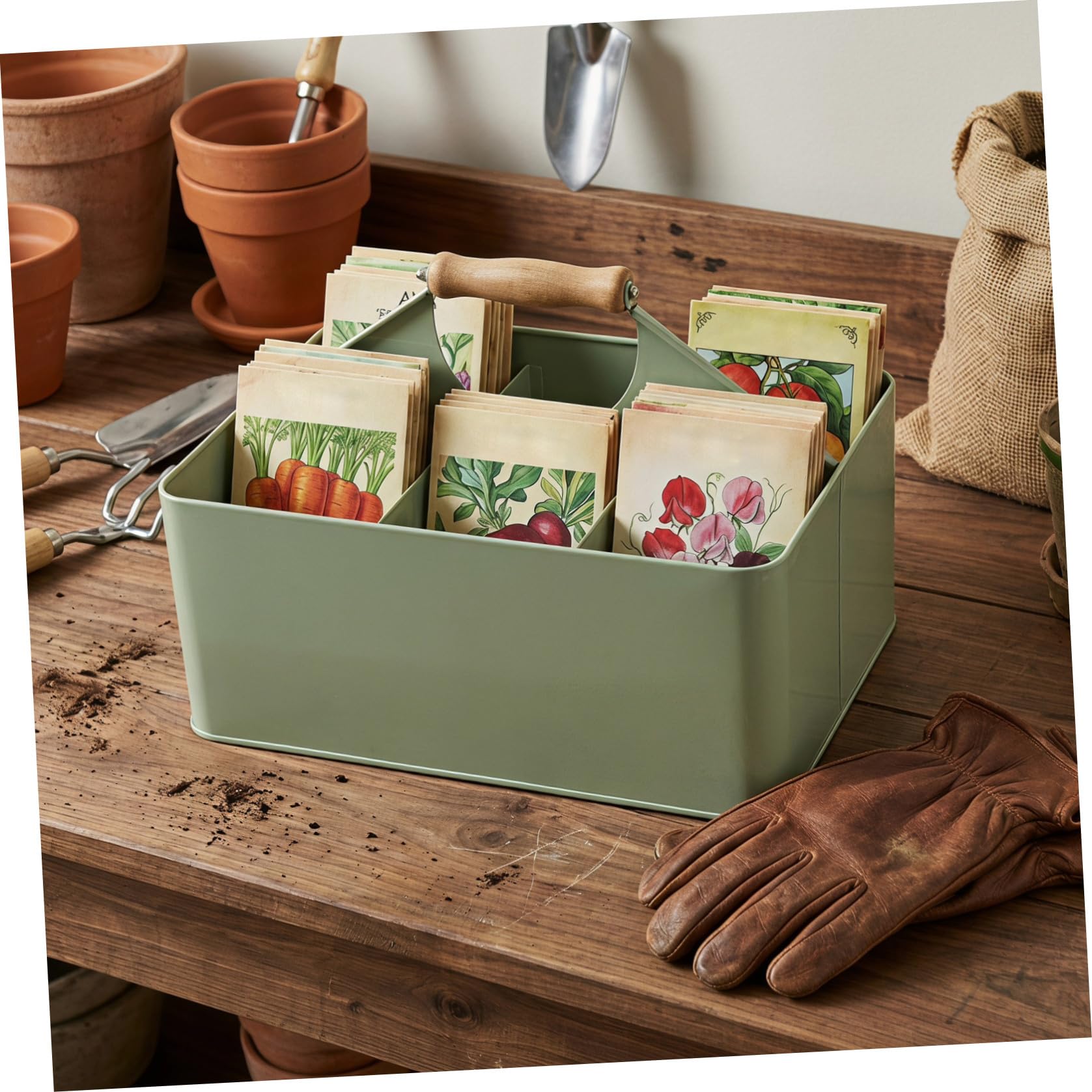 Metall Gartensamen Aufbewahrungsbox mit 4 Fächern und Griff aus Eisen und Bambus 29,5x22,6x20 Cm Grün für Fensterbänke und Pflanztische zur Sicheren und Effizienten Samenlagerung