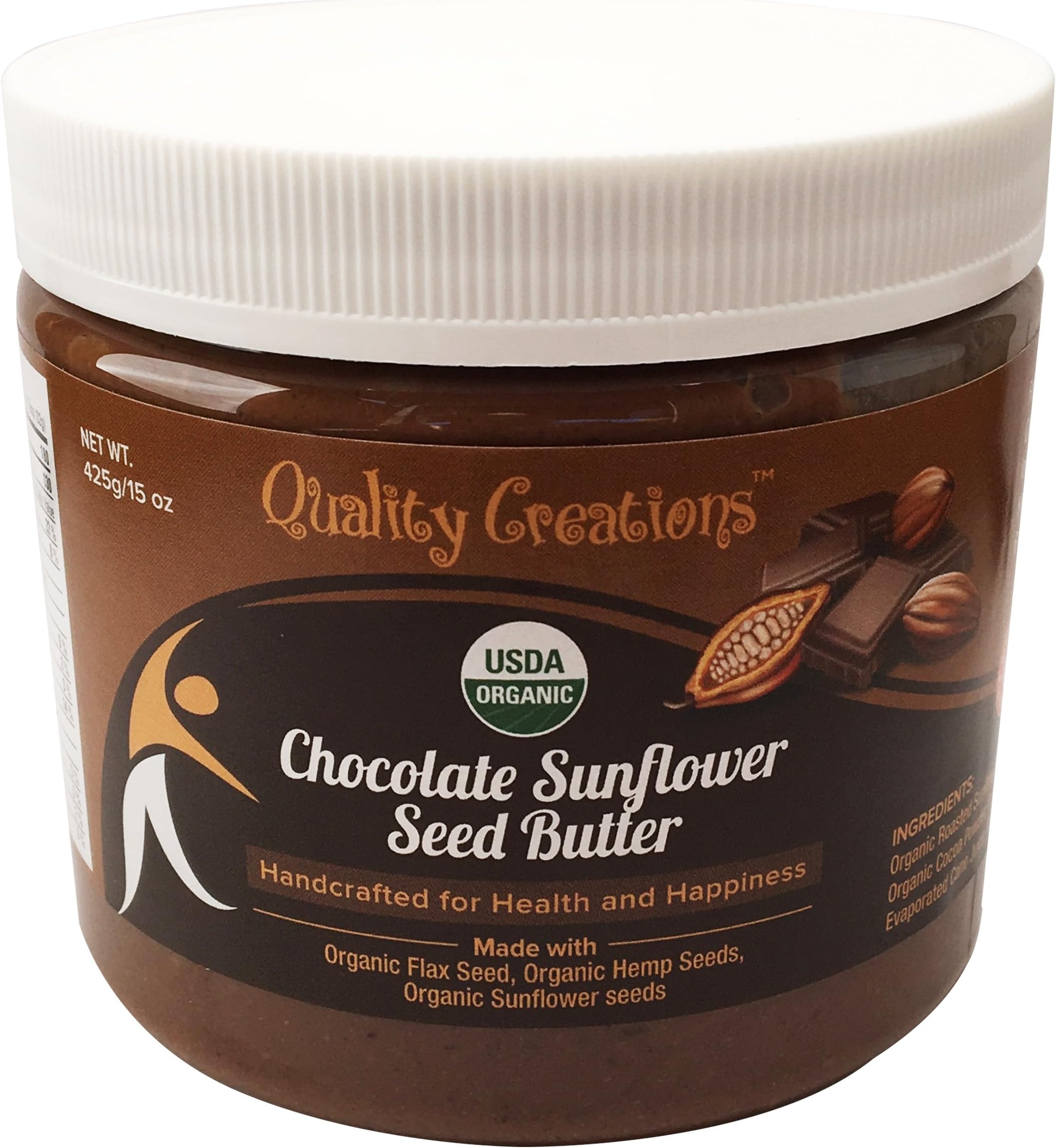 Chocolate Sunflower Seed Butter. 100% Organic: Low Sugar. Vegan. Enhanced with Flax and Hemp Seeds. Very Spreadable. So Creamy. Fresh Made. Small Batches. A Chocolate Lovers Delight. 425g/15oz