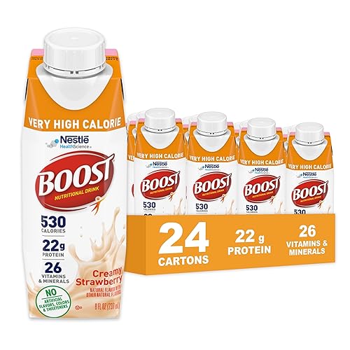 Boost Very High Calorie Strawberry Nutritional Drink – 22g Protein, 530 Nutrient Rich Calories, 8 Fl Oz (Pack of 24) - Strawberry - 8 Fl Oz (Pack of 24)