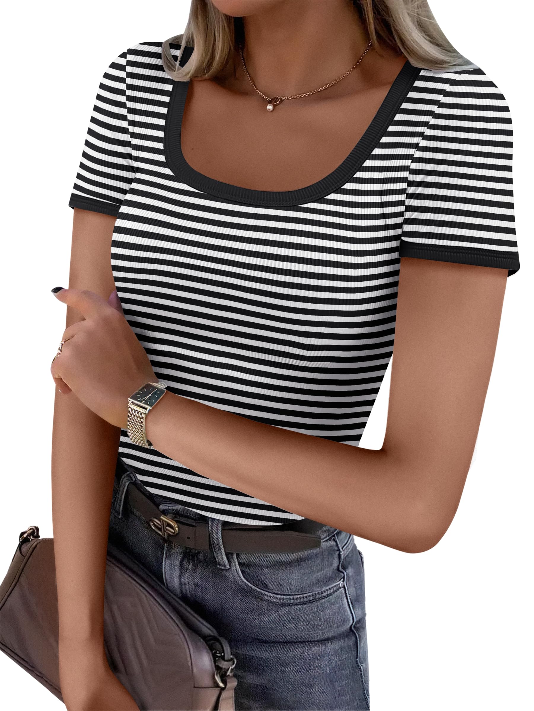 ANRABESS Women Short Sleeve Tops Square Neck Ribbed Knit Color Block T Shirts Fitted Casual Summer 2025 Trendy Basic Tees