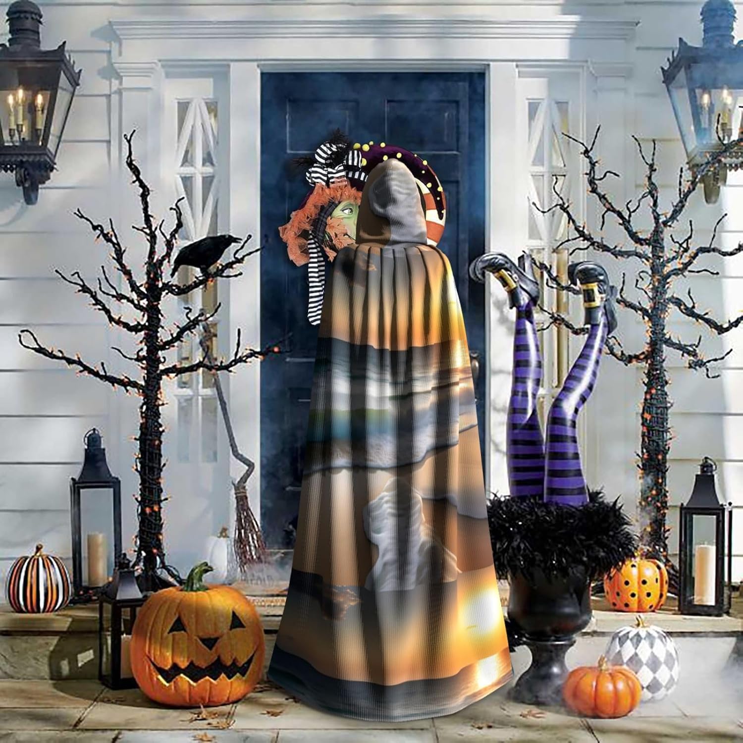 Sunset Over The Waves Men Women Halloween Role Play Party Decoration Hooded Poncho Black