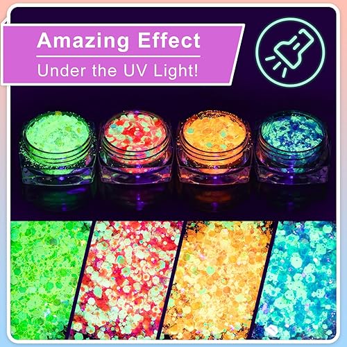 Miniatura 4 de Brillantina gruesa y brillo en la oscuridad, 8 colores con pegamento, juego 1, purpurina holográfica para el cuerpo + purpurina brillante para