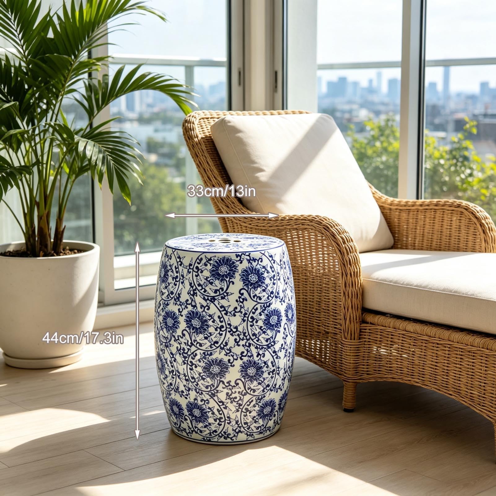 Ceramiczny Stołek Ogrodowy - Dekoracyjny Stołek Chinoiserie Na Boczny Stolik Na Zewnątrz - Do Wewnętrznego Ogrodu I Patio - Stołek Akcentujący Wystrój Domu Do Ekspozycji Stojaków Na Rośliny