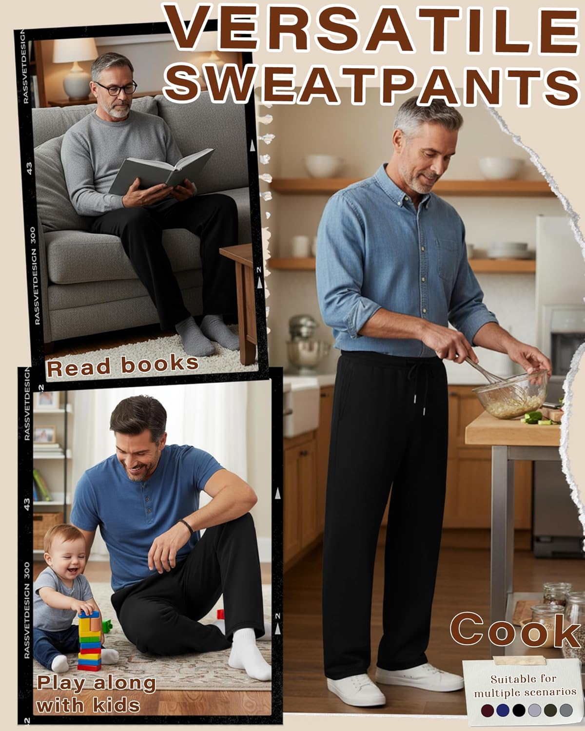 5 Pack Men's Baggy Sweatpants Straight Leg Open Bottom Joggers Elastic Drawstring with Pocket Athletic Pants - Image 2