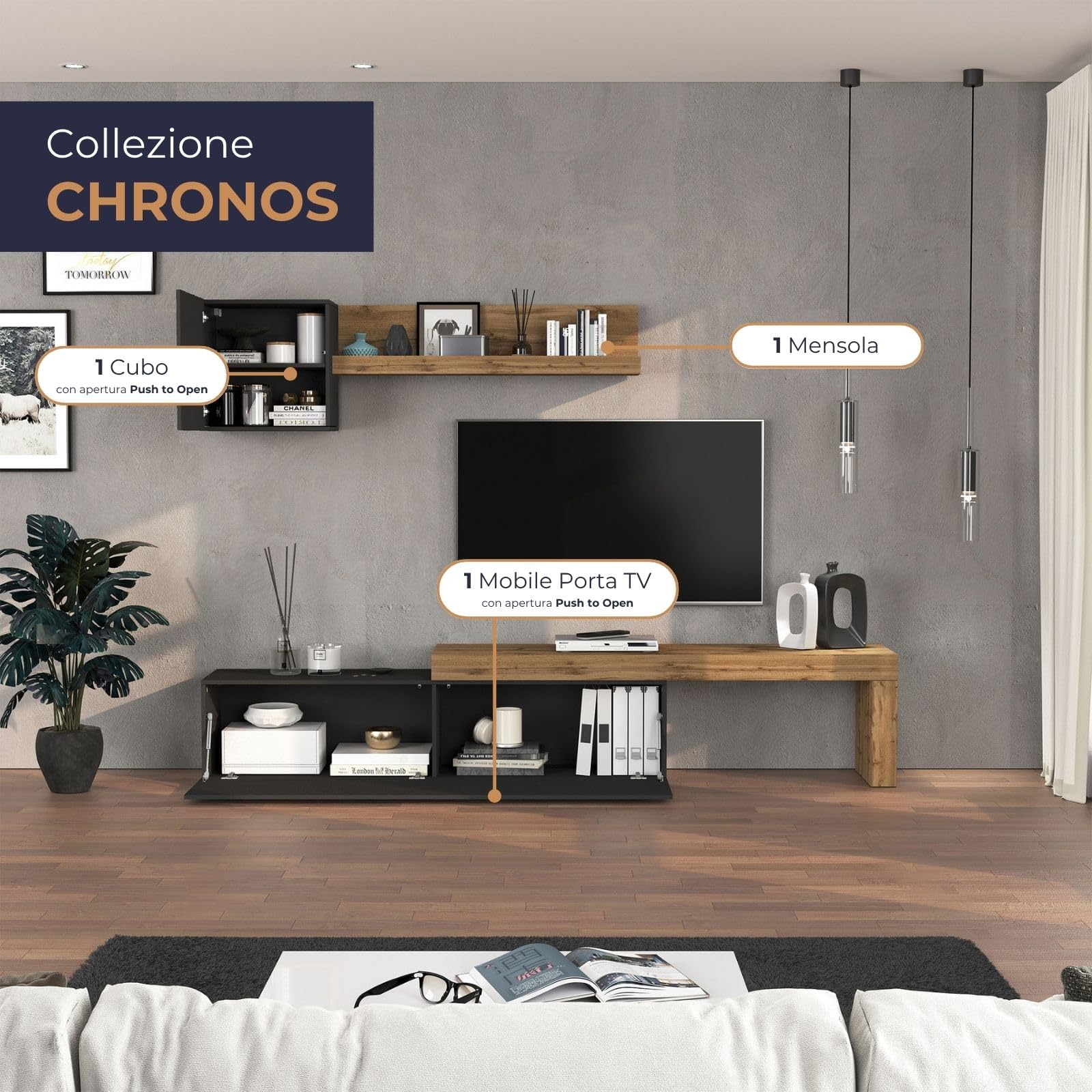 WHOUS Parete Attrezzata CHRONOS per Soggiorno, Mobile Tv Regolabile, Cubo con 1 Anta e Mensola per Salotto in Legno, 190/350x40 cm, Antracite Opaco e Rovere