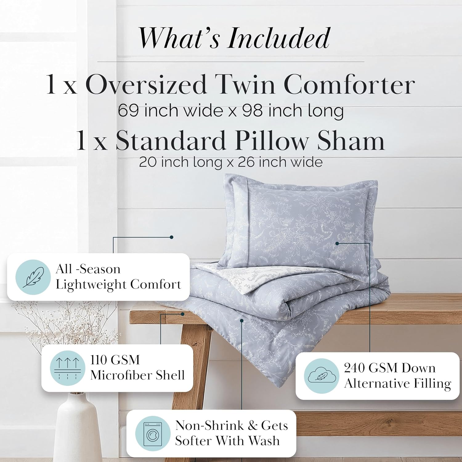 Southshore Fine Living, Inc. Twin XL Comforter Set Blue Floral, Hotel Quality Bedding, Floral Bedspread with Matching Pillow Sham for Twin XL Beds, Reversible Bed Comforter, Winter Brush Blue/White