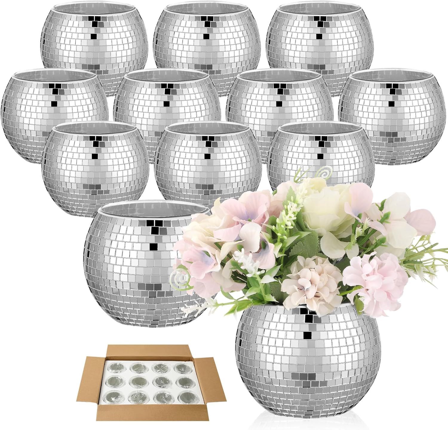 12 PCS Silver Disco Ball Vase, 3 x 4 Inch Glass Disco Ball Candle Holders Plant Pots,Mirror Disco Ball Flower Vase Planter for Wedding Centerpieces Birthday Office Bedroom