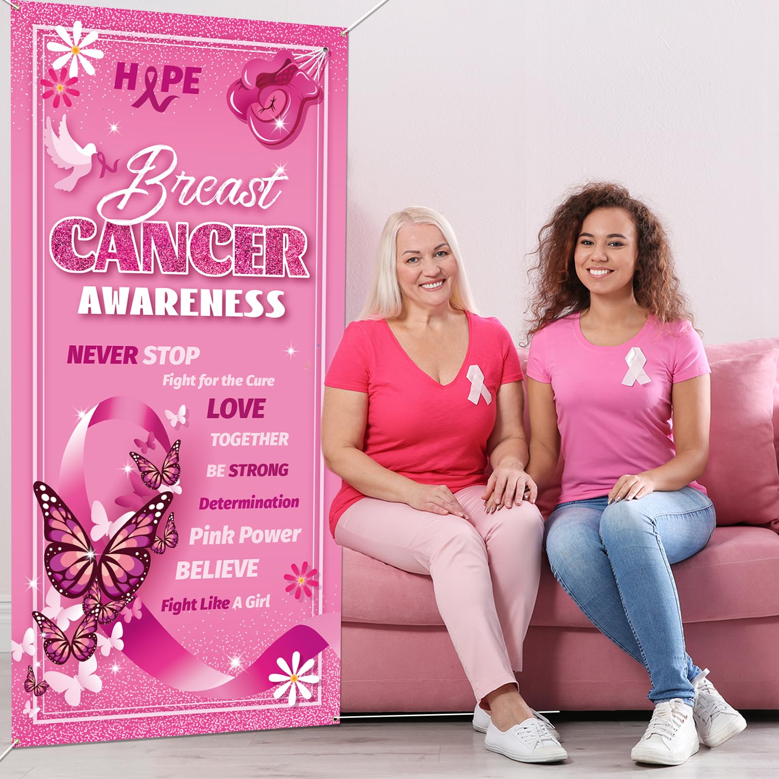 Bannière Porte Octobre Rose - Tissu 90x165cm Avec Ruban Rose, Mots Espoir Foi Survie - Décoration Solidarité Cancer Du Sein