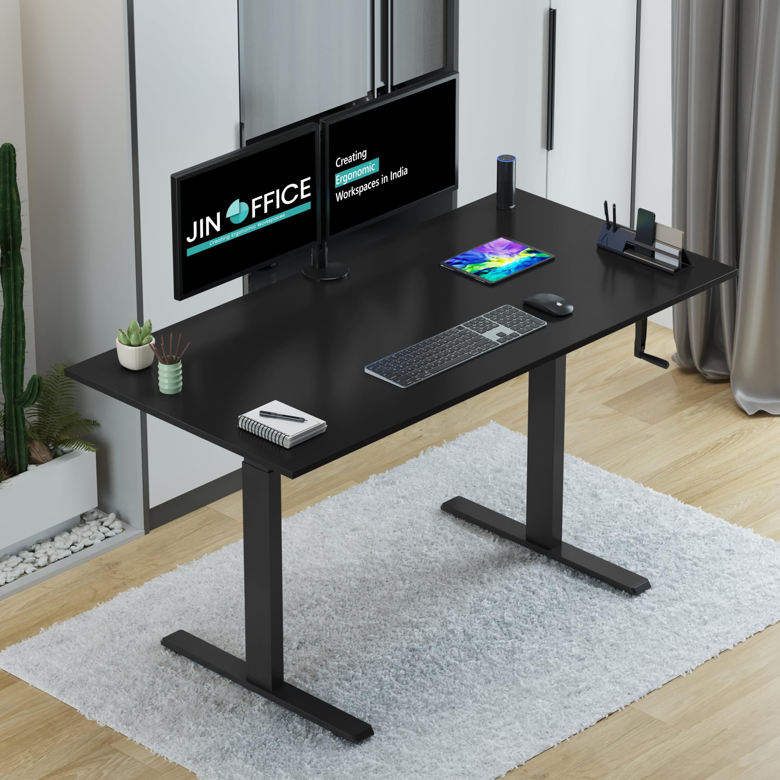 Jin Office Vertex Manual Height Adjustable Standing Desk| Adjustable Table with Hand Crank| Sit Stand Ergonomic Desk for Home Office, 3 Year Warranty,80 Kg Wt.Cap| Black & Black|1500*750mm/ 25MM Thick