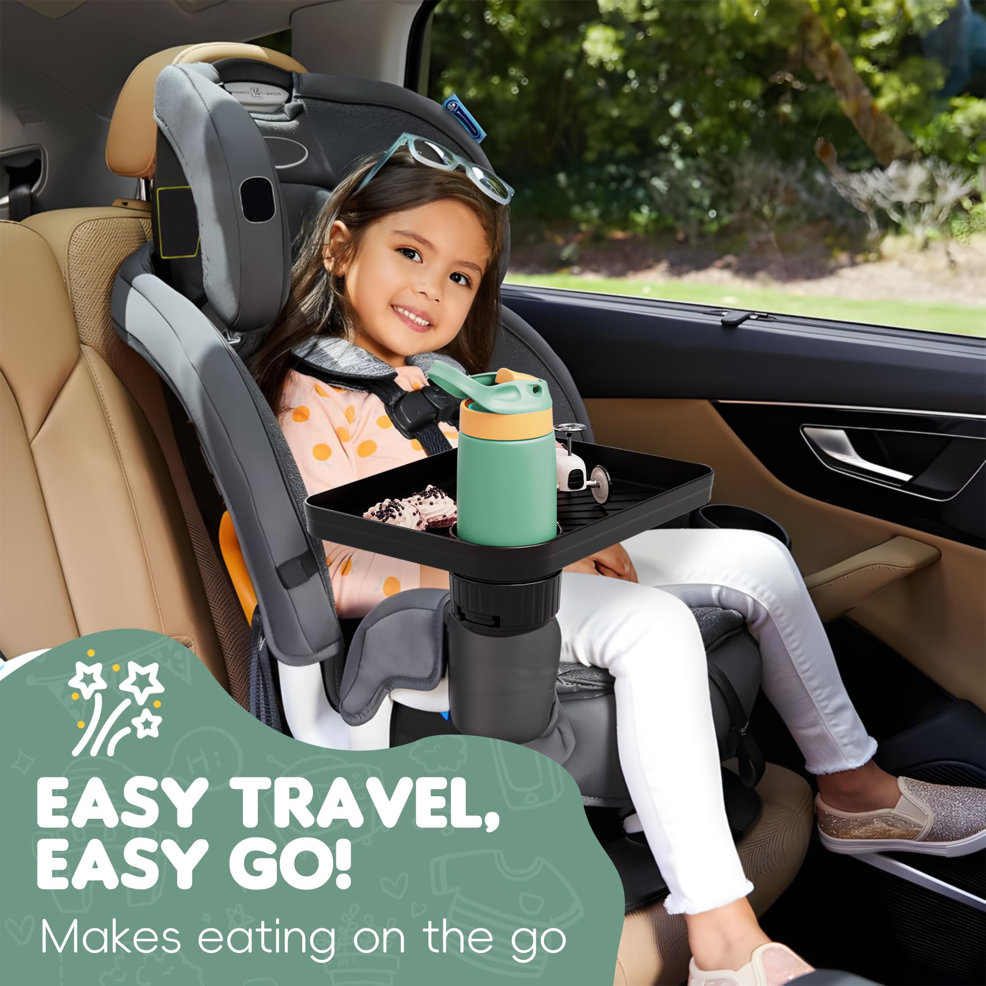 Vassoio da viaggio per seggiolino auto per bambini, con base espandibile per snack, giocattoli, libri, intrattenimento per bambini, essenziale da viaggio, si adatta alla maggior parte