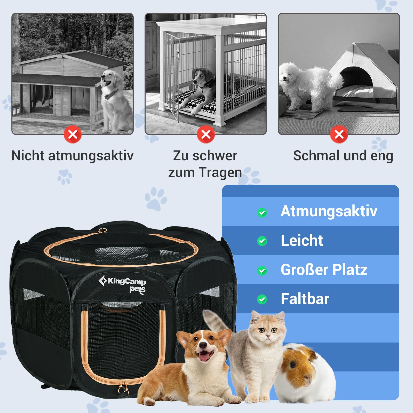 KingCamp Welpenlaufstall 74cm,Stabiler Hundelaufstall für Wohnung & Outdoor,Faltbar & Tragbar 600D Oxford Gewebe Welpenauslauf mit abnehmbarem Boden & 4 Heringen,Hundegehege für Welpen, Katzen
