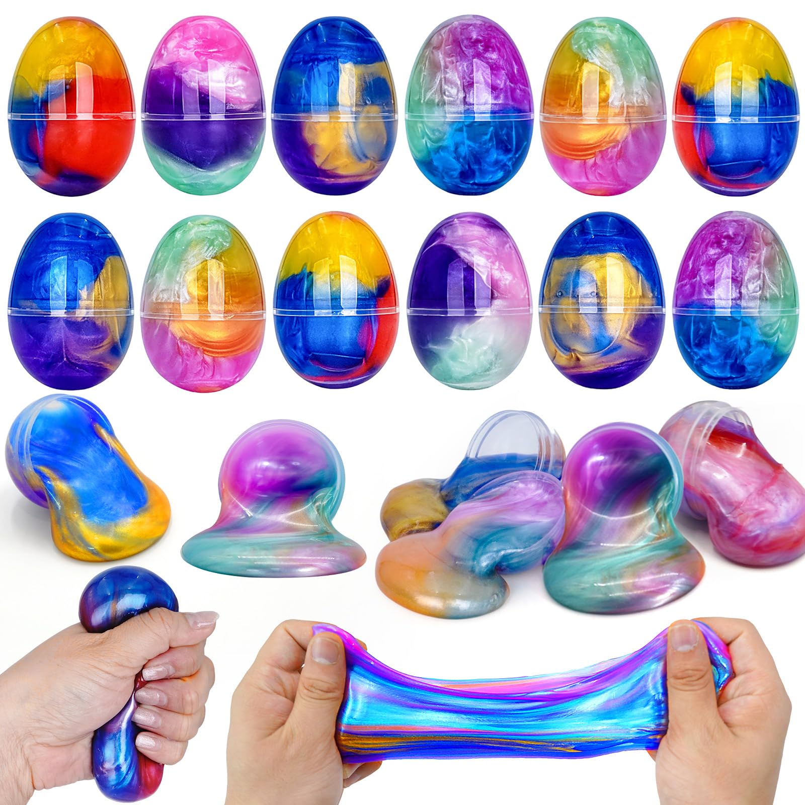 Photo 1 of 12 Pack Prefilled Easter Galaxy Slime Eggs,Galaxy Slime Easter Egg Fillers Stress Relief for Kid Teens Boy Girl Easter Egg Hunt Filling Treats Classroom Easter Basket Stuffers Easter Party Favor