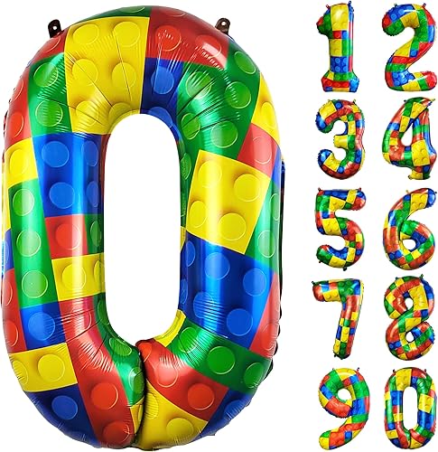 Globos de 32 pulgadas con el número 0 de bloques de construcción grandes de helio, globos de Mylar para niñas y niños, suministros de decoración de