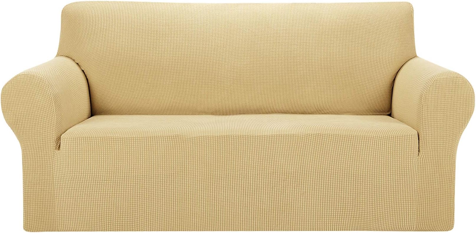AlGaiety Stretch Sofa Cover Slipcover, Furniture Protector Spandex 1-Piece Couch Coat(77 inch-86 inch) with Elastic Bottom for Dogs, Cats, Kids Small Checked Pattern Fabric (Sofa, Champagne)