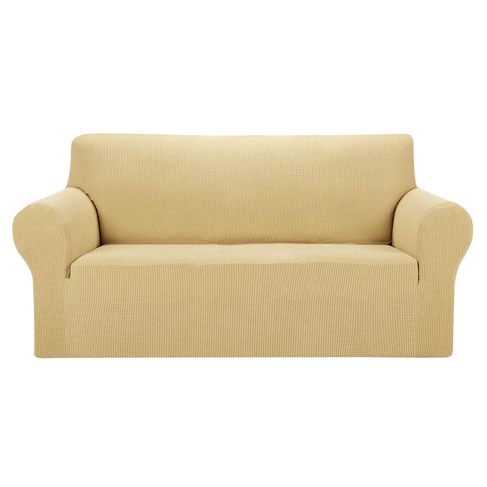 AlGaiety Stretch Sofa Cover Slipcover, Furniture Protector Spandex 1-Piece Couch Coat(77 inch-86 inch) with Elastic Bottom for Dogs, Cats, Kids Small Checked Pattern Fabric (Sofa, Champagne)