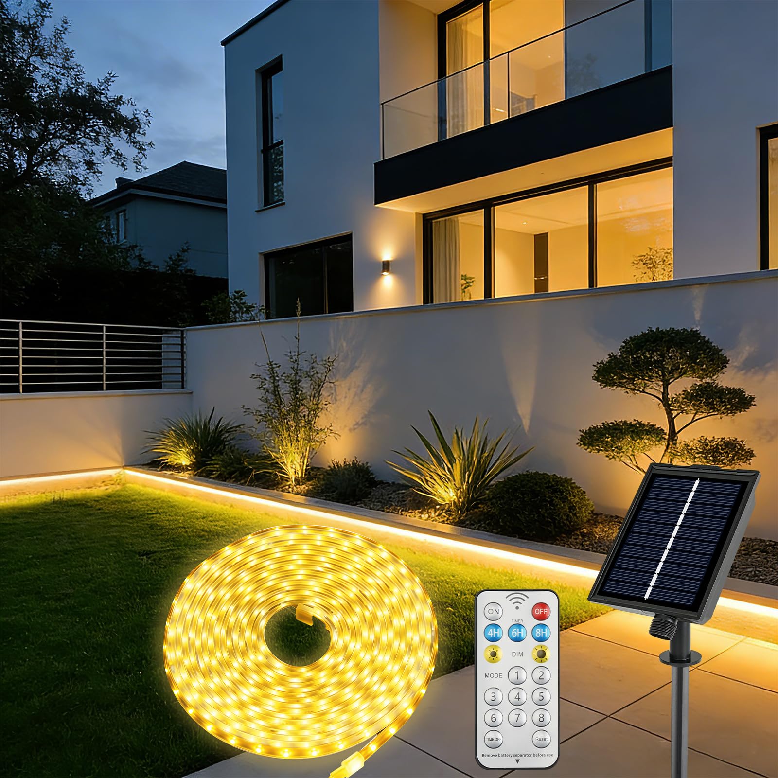 Solar Powered LED Strip Lights 5M 320LEDs, IP68 Waterproof Outdoor LED Lights with Remote, 8 Modes Dimmable Rechargeable Battery Operated LED Lights for Garden Patio Yard Porch Decoration, Warm White