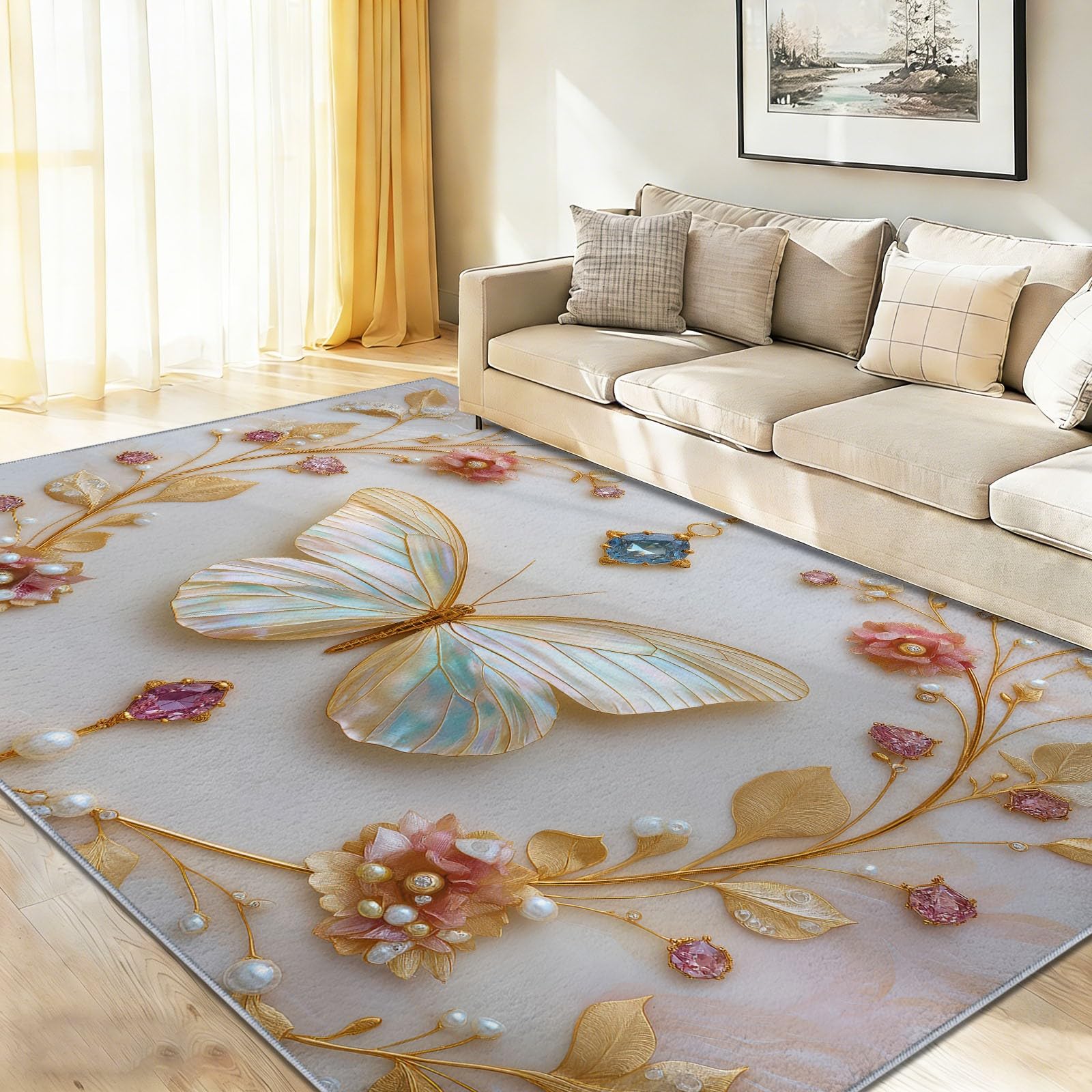 Grayish-White Area Rugs 60 x 90 cm, Modern Glam Pearl Wreath Animal Butterfly Washable Rug for Coffee Table, Home Office Chair, Non-Slip Durable Entrance Carpet, Indoor Area Rug for Dining Room