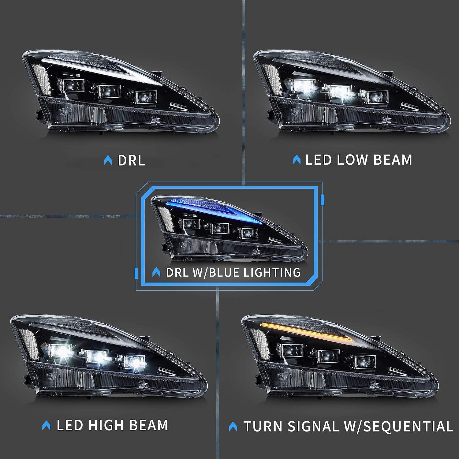 VLAND Projector LED Headlights Compatible with Lexus IS250/IS250C IS350/IS350C IS220d 2006-2012, ISF 2008-2014 w/Star-up Blue Lighting w/Sequential, Clear Reflector