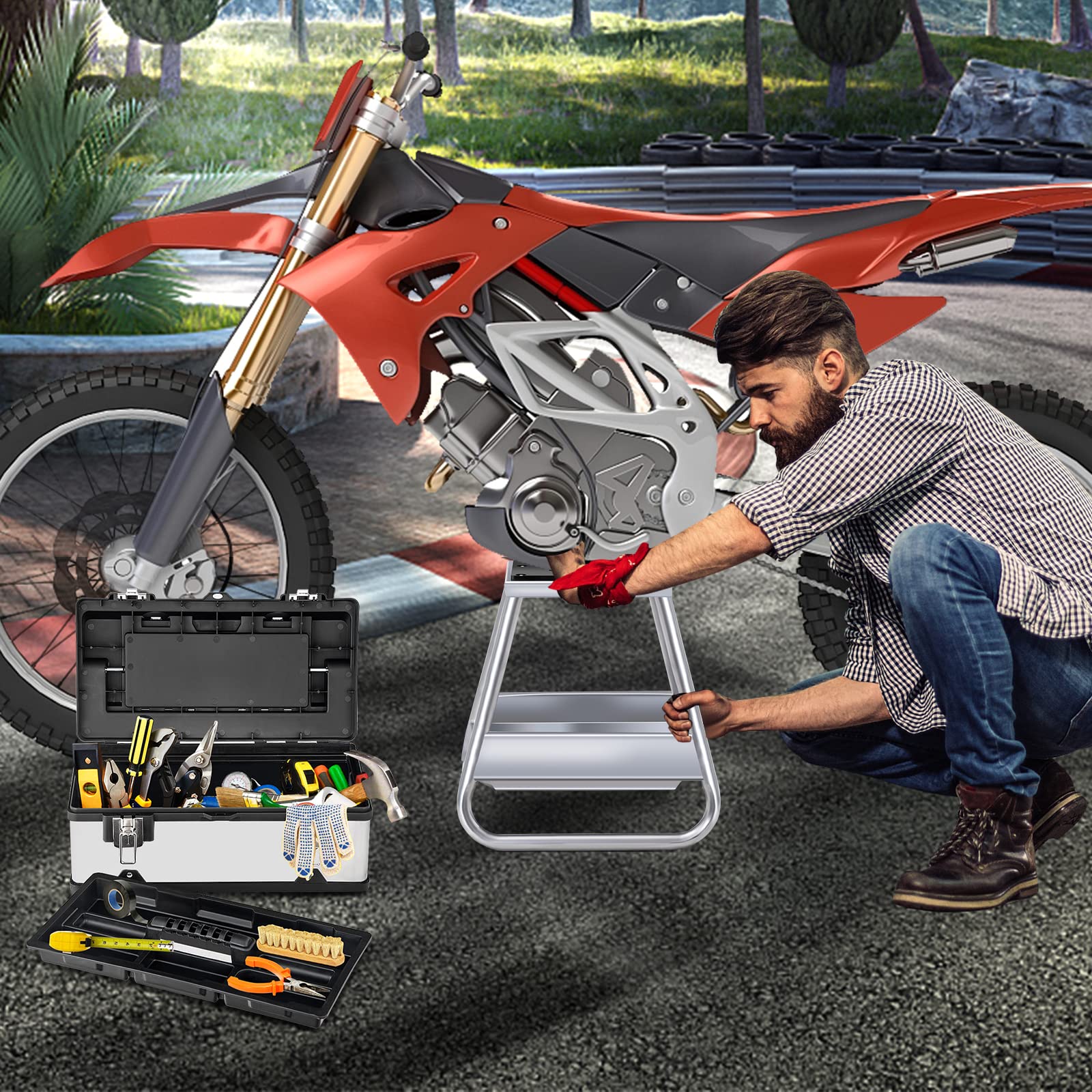 COSTWAY Soporte Elevador de Moto, Elevador Moto de Metal Resistente Con Bandeja de Aceite Extraíble Incluida y Parte Superior Antideslizante, Para Mantenimiento y Reparación, Capacidad de 450 KG