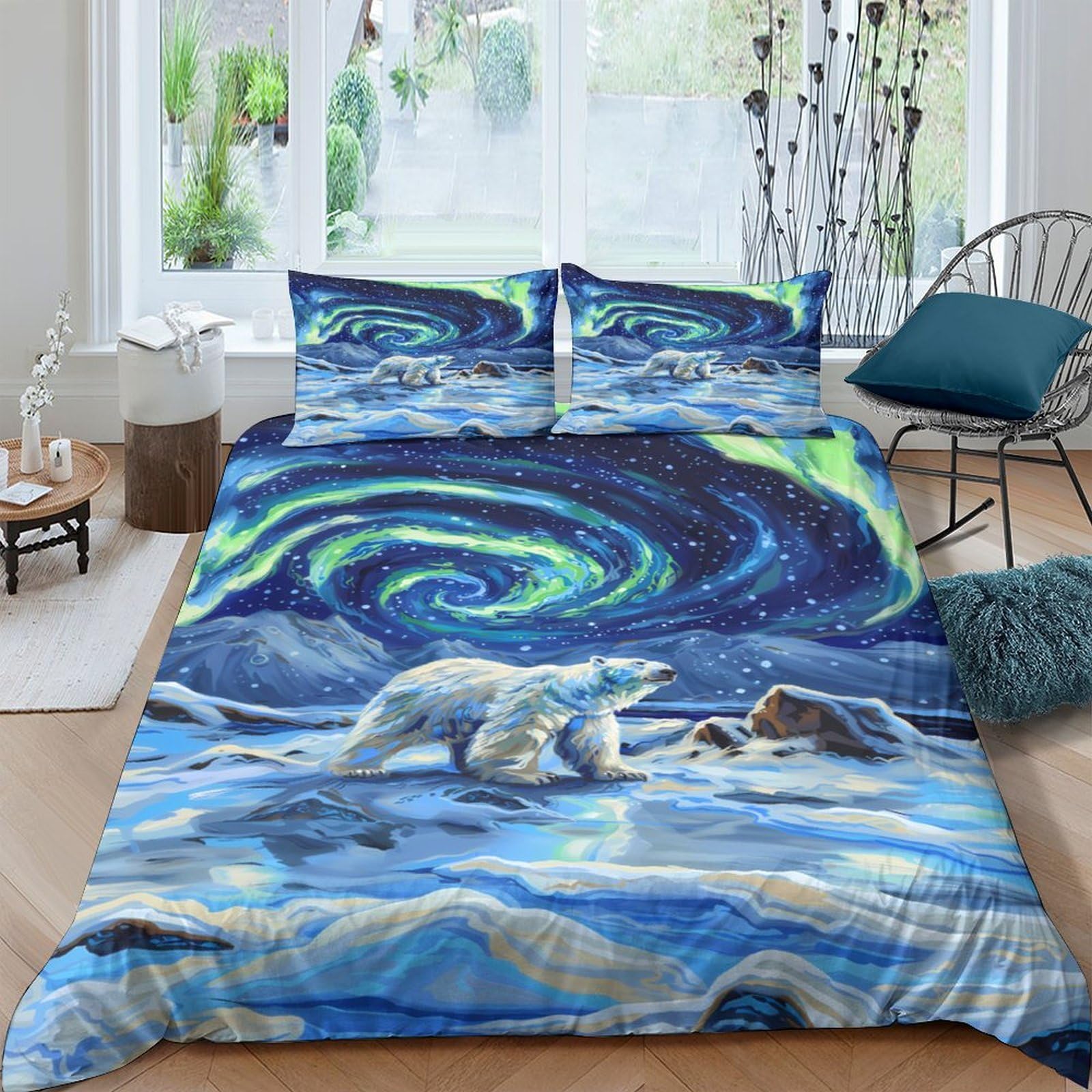 Ctjqhvkz Style-3 3D Printed Aurora Night Polar Bear Fitted Sheet Microfiber Breathable Arctic Landscape Mattress Cover Bedroom Decor Single（135X200cm）