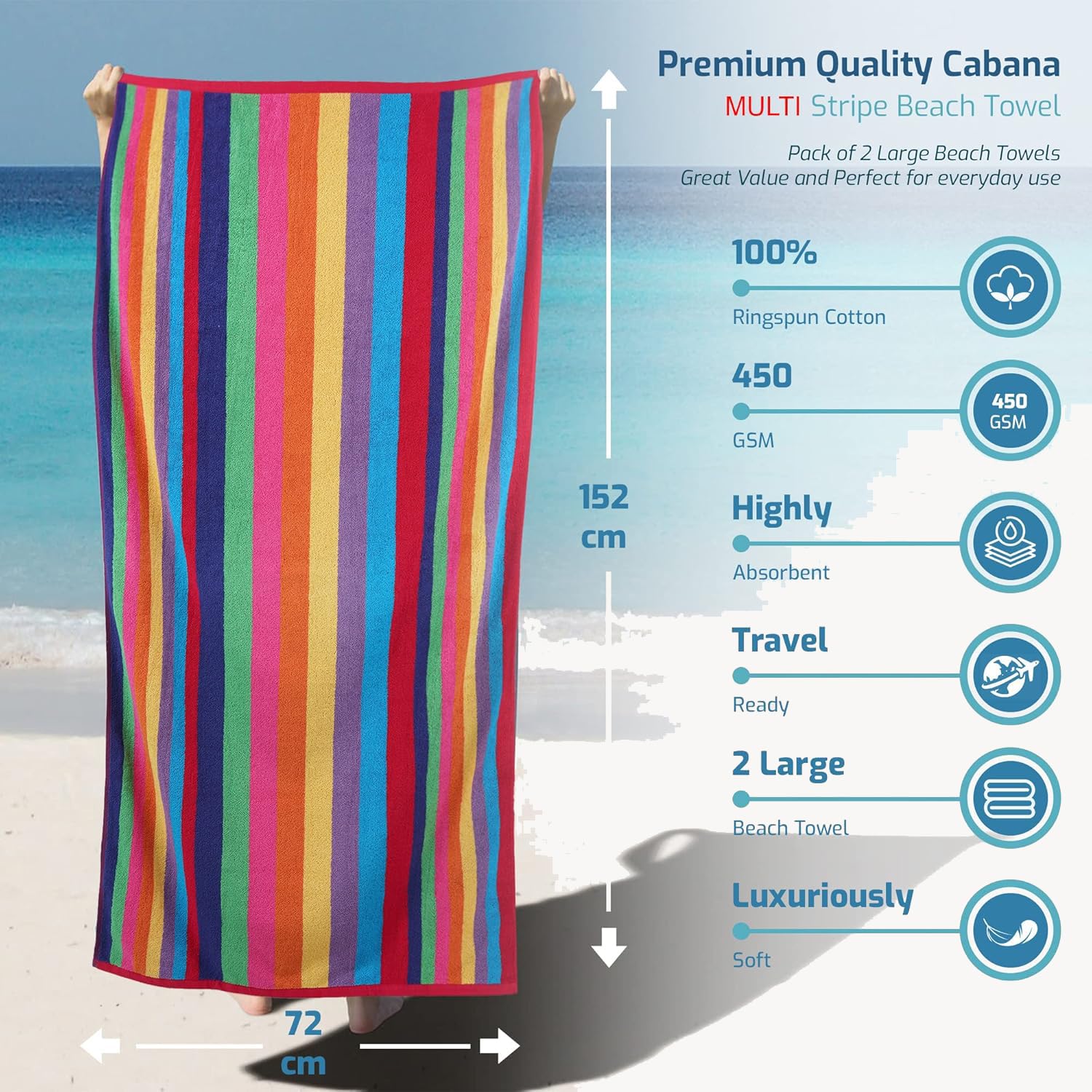 Sweet Needle - Teli da spiaggia a righe, di alta qualità, confezione da 2, dimensione: 76 x 152 cm, in 100% cotone filato ad anello, peso: 450 g/m², altamente assorbenti Miami Vibe Multi Stripe