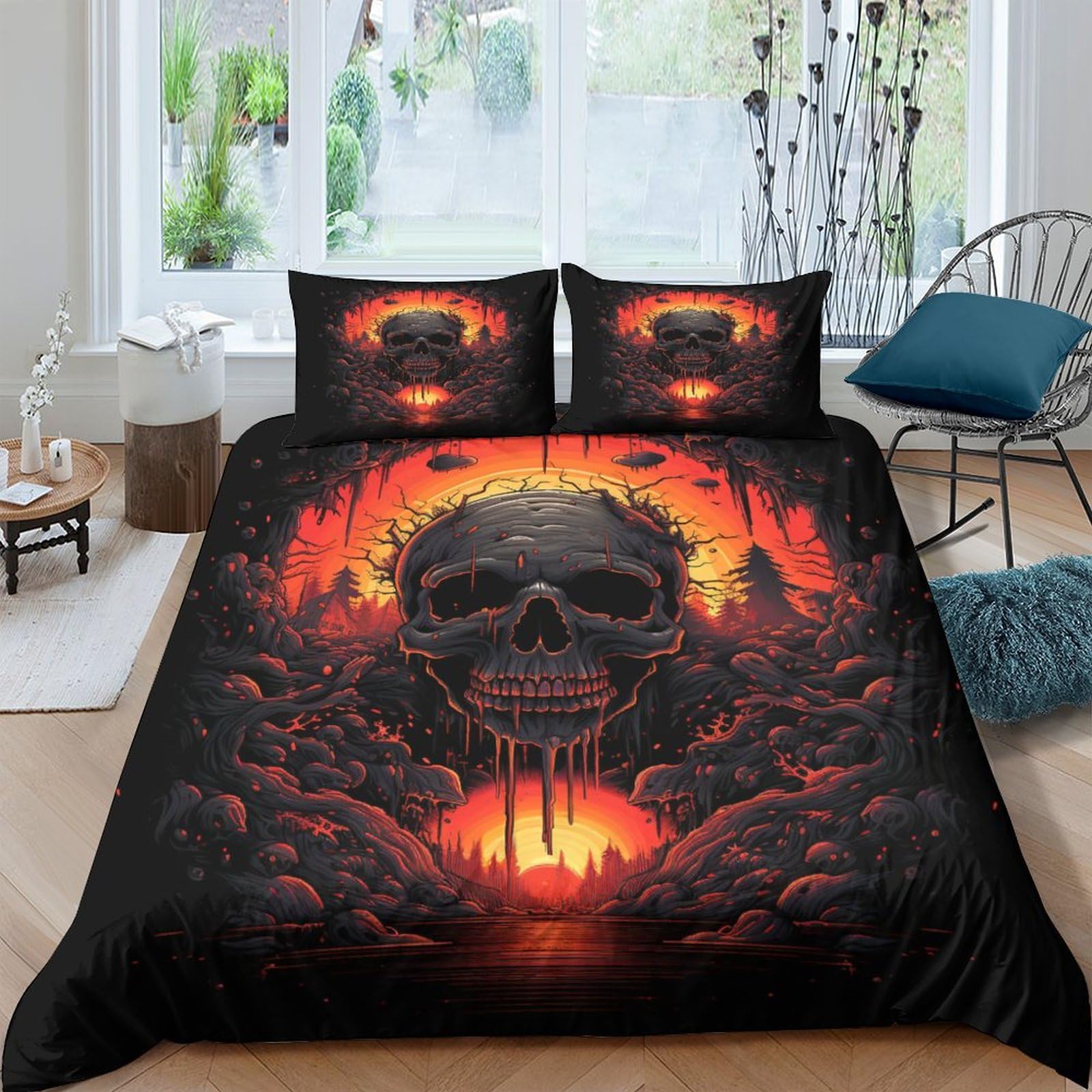 Art Skull Soft Microfiber Creative Skull Duvet Cover Set with Pillowcases 3 Piece Comforter Cover for Boys Girls Adults Children 3D Printed Design Double（200x200cm）