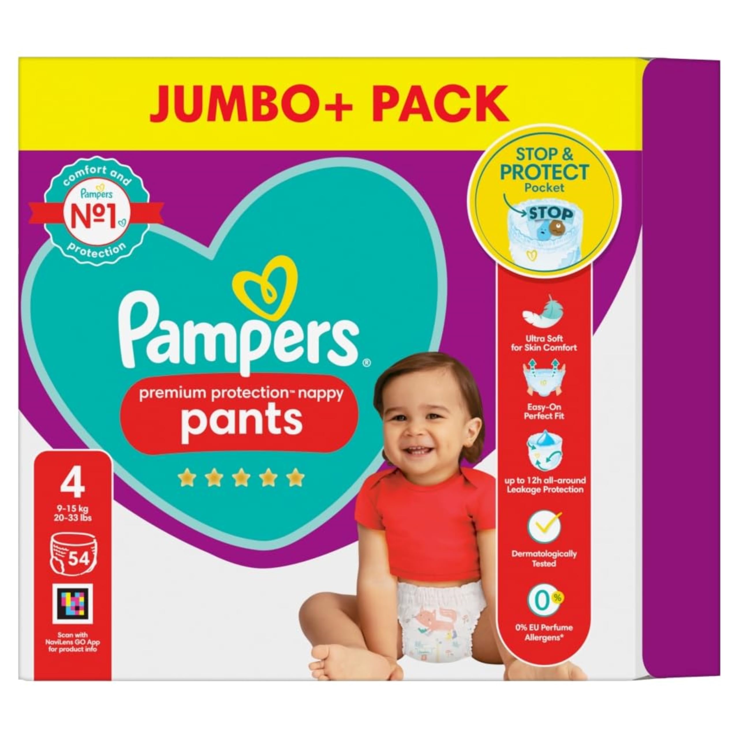 Pampers Premium Protection Nappy Pants Size 4, 54 Nappies, 9kg - 15kg, Jumbo+ Pack, Pampers Comfort & Protection in Easy-on Pants