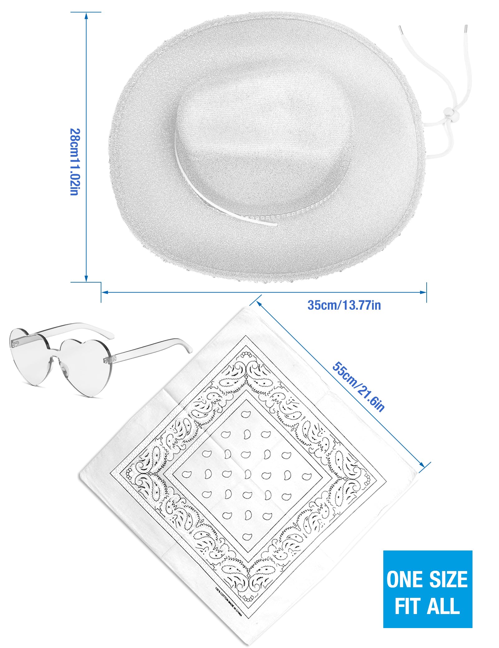 JICASTO Cowboy white Cowgirl Hat with Sequins & Tiara Crown for Women Rodeo Party Hats with Heart Glasses (Felt, White)