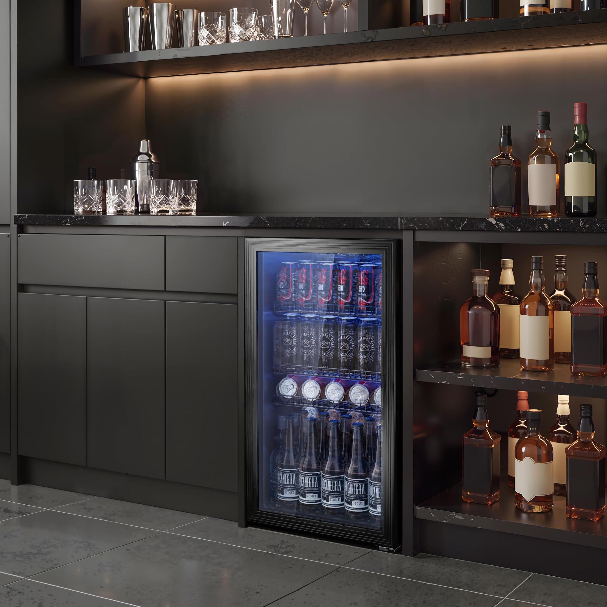 Airfish Getränkekühlschrank 90L | Frostfreie gleichmäßige Kühlung, 3 verstellbare Ablagen für 125 Dosen | Flüsterleiser Kühlschrank für Bar, Büro & Zuhause – Schwarz