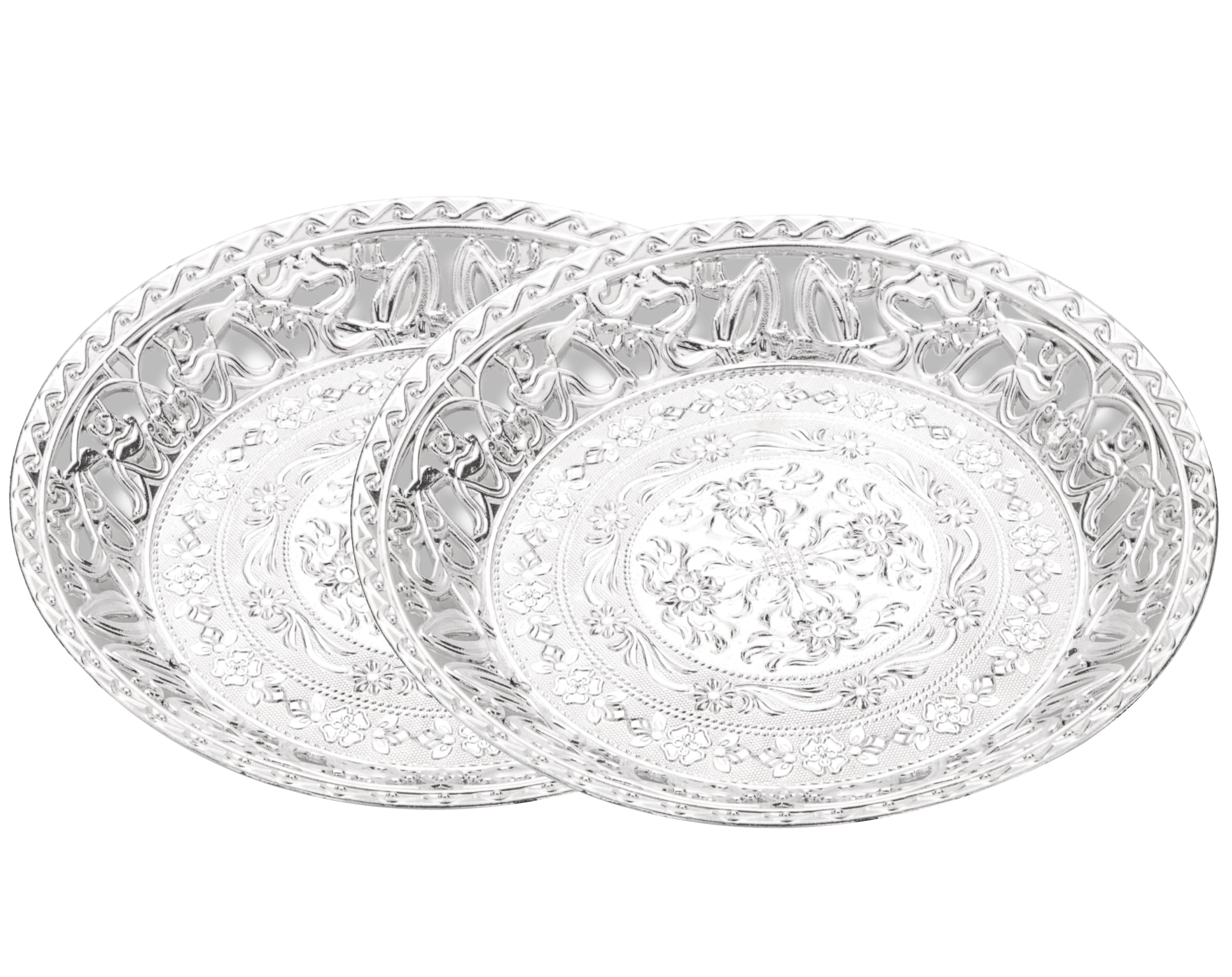 Madhuli Traditional Design Serving Tray, Round Plastic Silver Finish Serving Tray, Tray for Serving, Multipurpose Tray, Mukhwas Serving Tray, Decorative Dry Fruit Tray, Designer Platters, Pack of 2