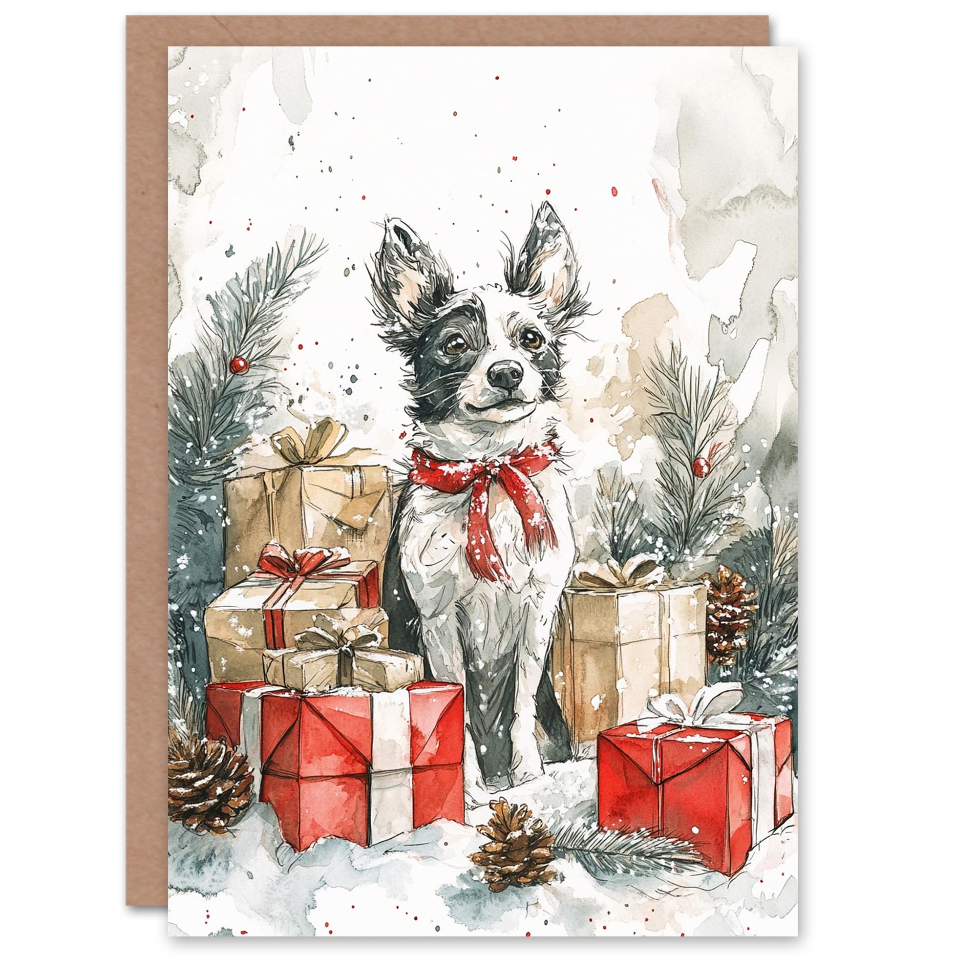 Puppy Present Gift Dog Lover Watercolour Christmas Fun Gift Festive Xmas Card