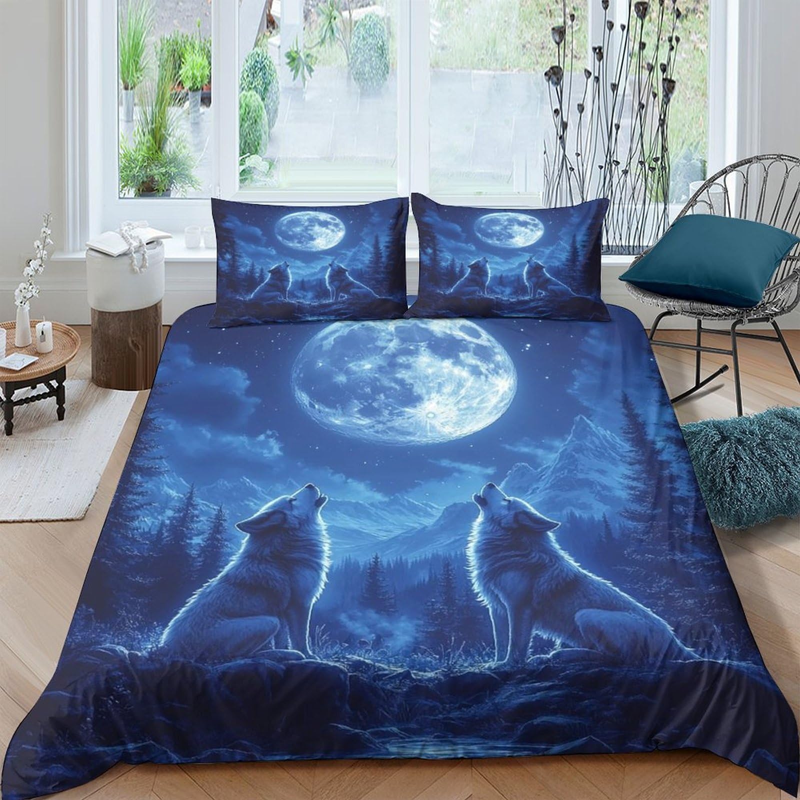 Ctjqhvkz Style-7 3D Printed Wolf Moon Fitted Sheet Microfiber Soft Blue Night Mattress Cover For Bedroom Guest Room Decor Single（135X200cm）