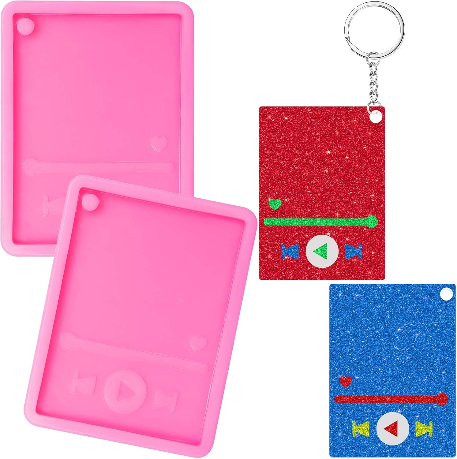 2 Pieces Media Player Mold Chocolate Candy Clay Moulds Epoxy Craft Keychain Silicone Mould and 10 Pieces Key Rings with Chain for DIY Baking Cake Topper Decoration (Pink, 2.95 x 2.17 x 0.31 Inch)