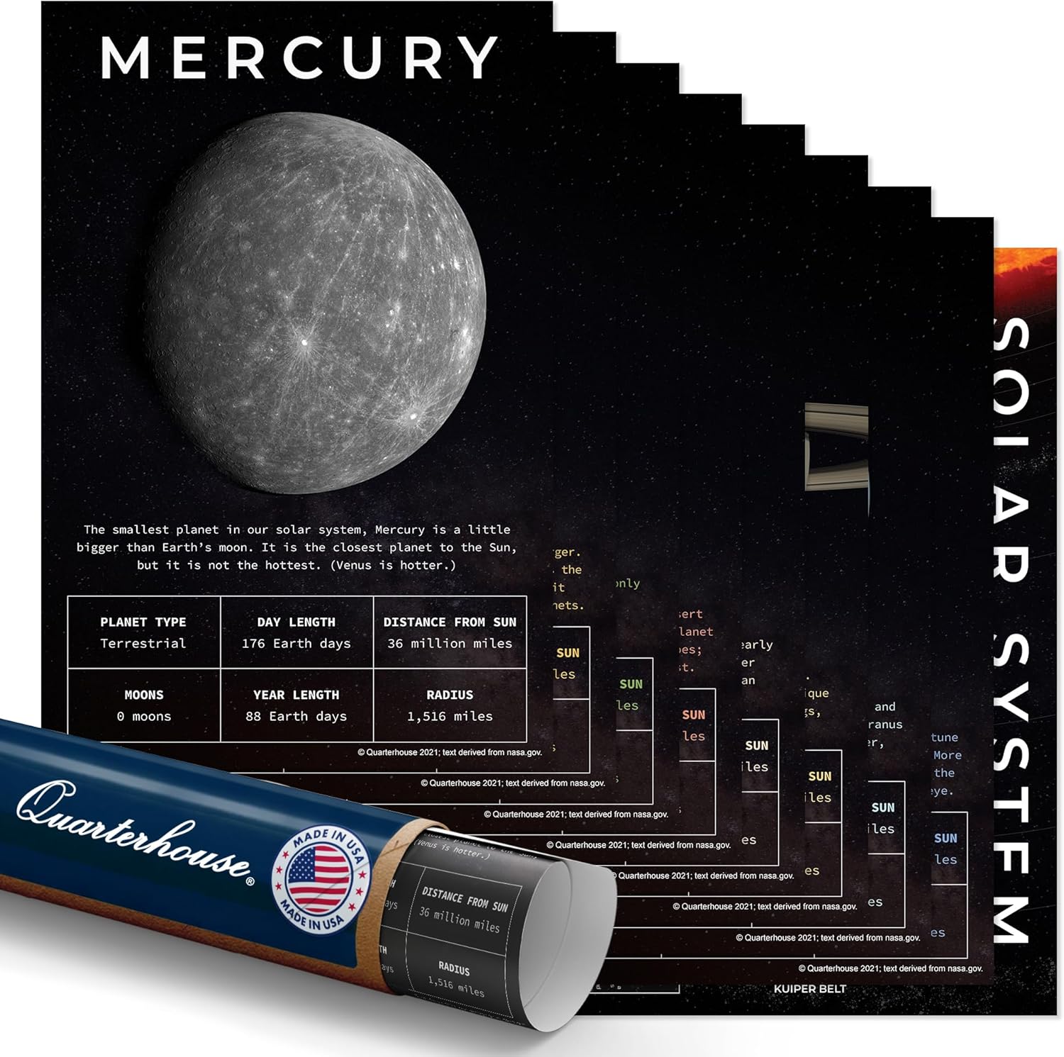Quarterhouse 9 Poster Solar System Set, Science Classroom Learning Materials for K-12 Students and Teachers, 12 x 18 Inches, Made in USA