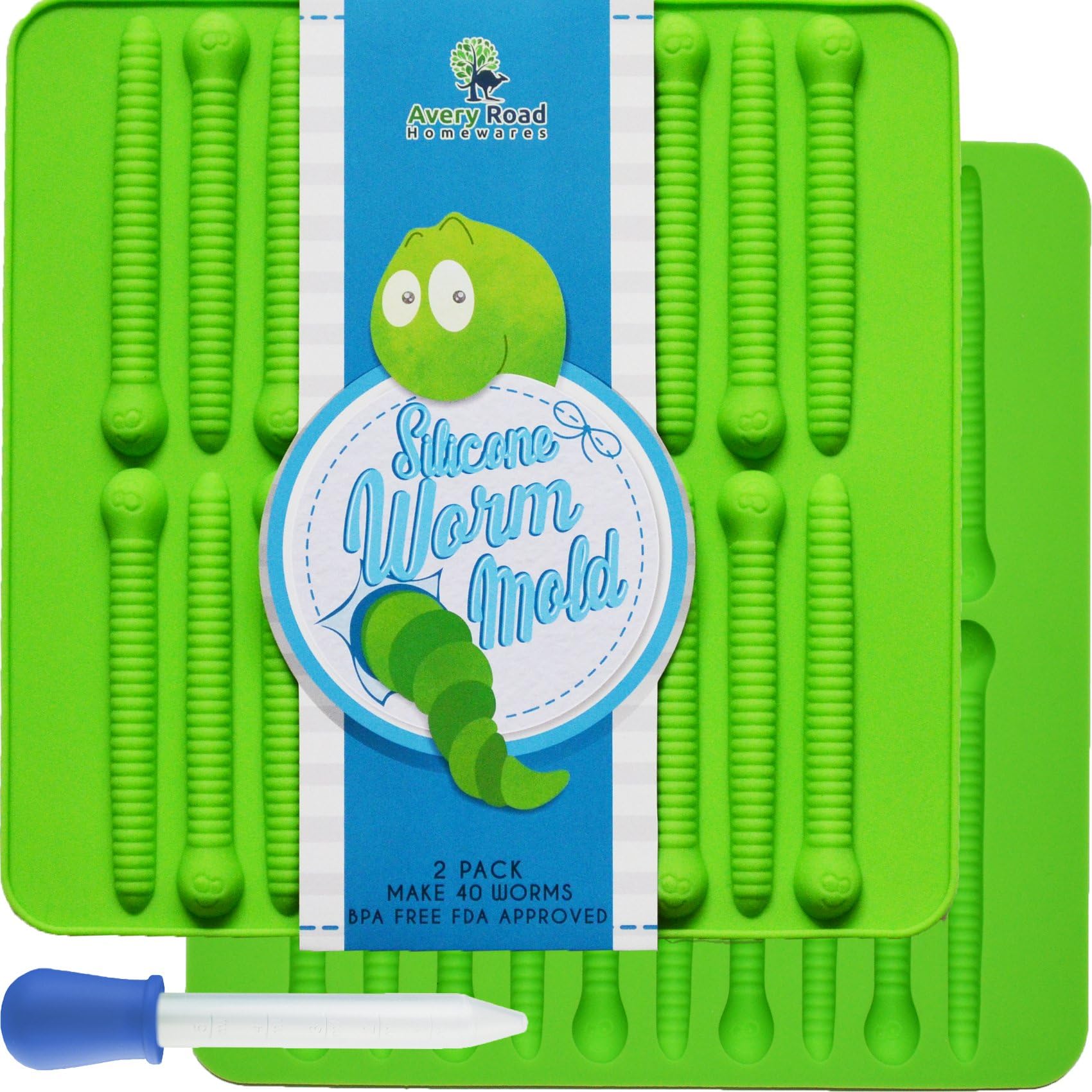 Gummy Worm Mold Silicone – 2 PACK & BONUS DROPPER – Non-Stick 40 Worms Candy Molds and Recipe PDF – Making Gummi Chocolate & Gelatin Maker or DIY Fishing Lures
