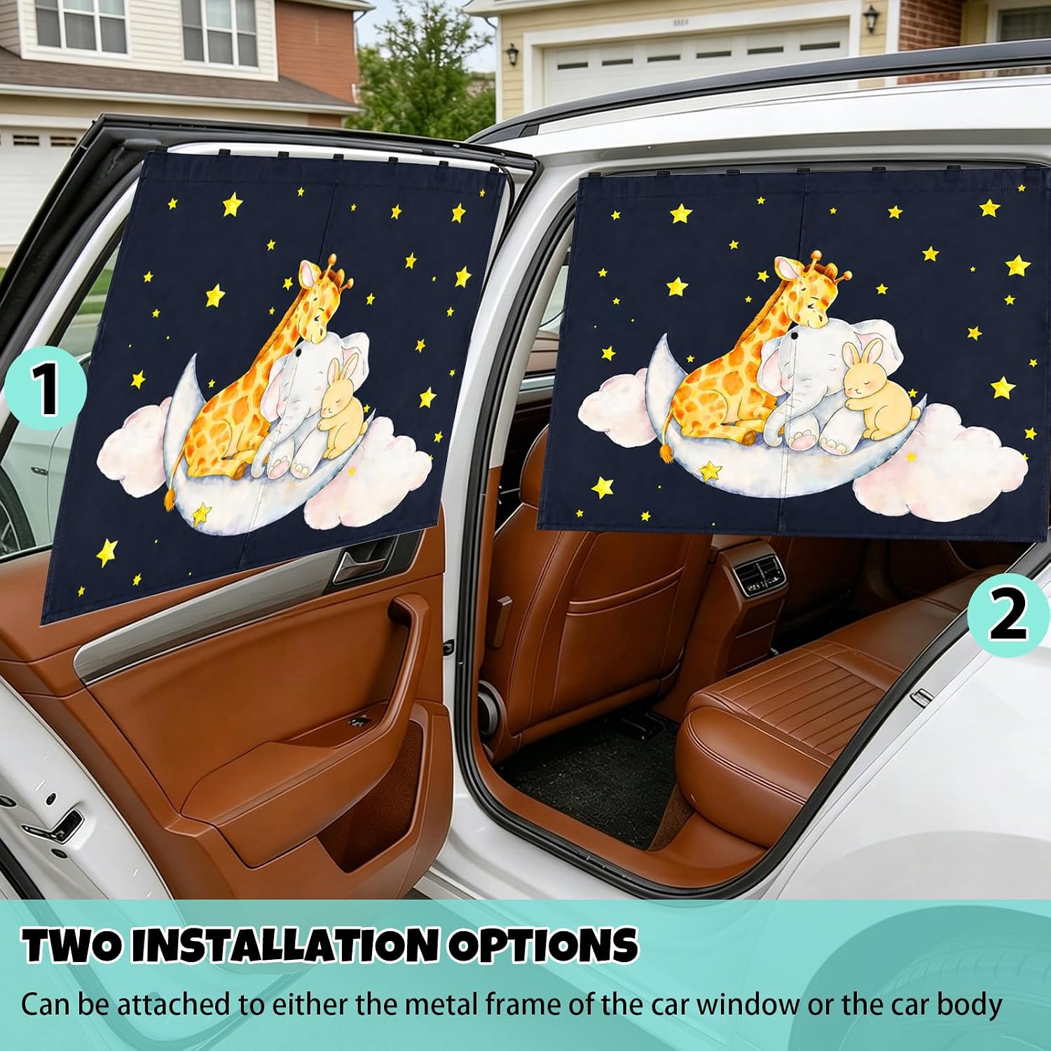 Car Window Shade for Baby, 2 Pack Double Layer with 7 Strong Magnets, Cute Giraffe & Star Design Baby Sun Shade for Car Window, Adjustable Blackout & See-Through Privacy Curtains UV Protection