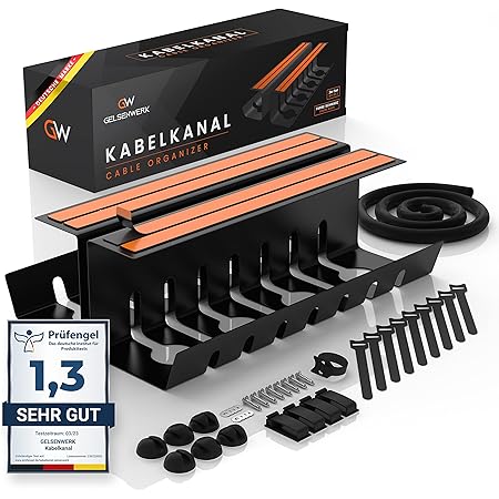 GELSENWERK® Kabelkanal Schreibtisch Schwarz ohne Bohren 2er Set - Kabelhalter 43x12x12cm inkl. Kabelschlauch - Kabelwanne für ordentliches Kabelmanagement am Arbeitsplatz und Ordnung im Büro