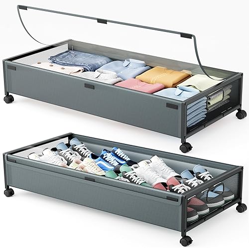 Contenedores de almacenamiento debajo de la cama con ruedas, paquete de 2 contenedores de almacenamiento para zapatos debajo de la cama, organizador