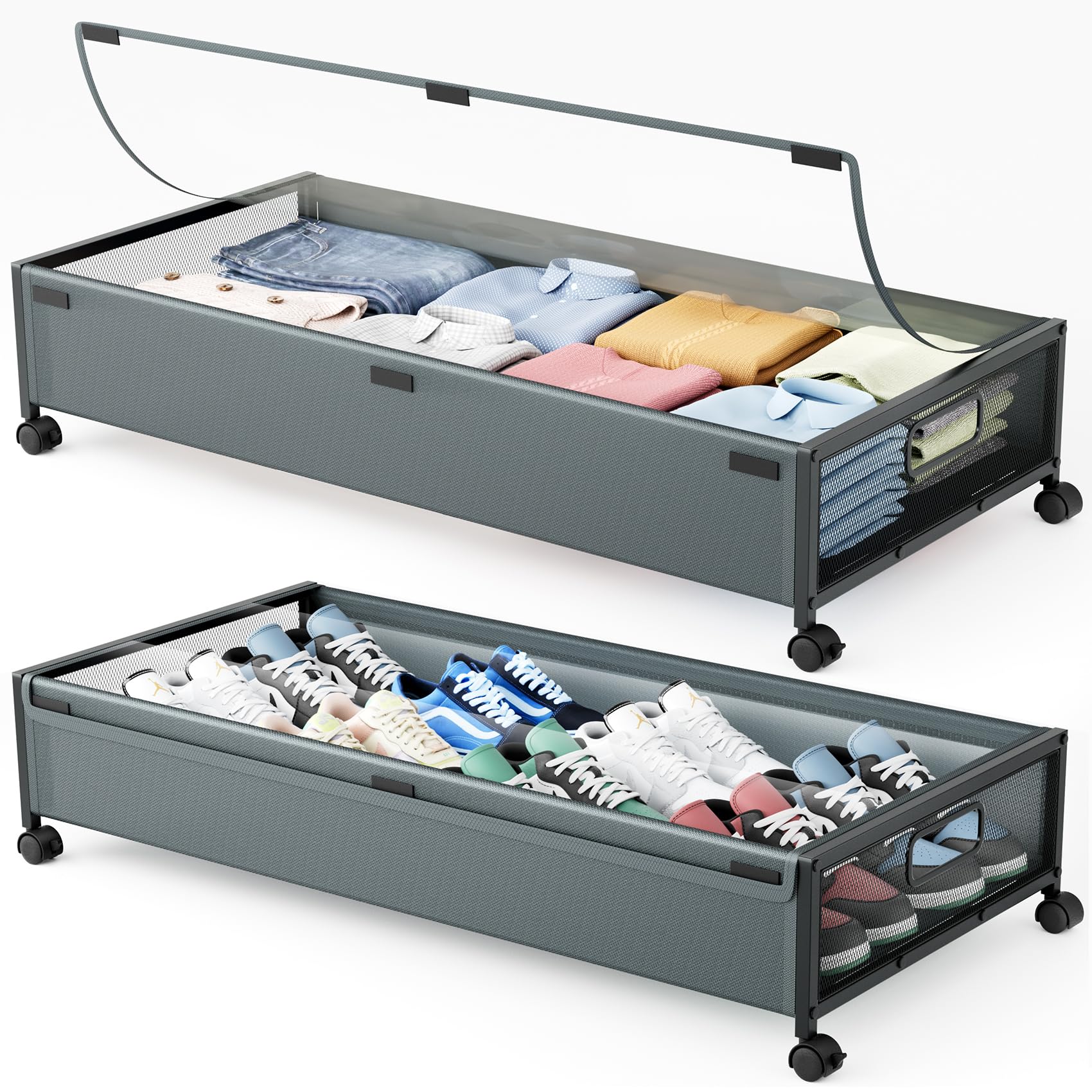 Under Bed Storage Containers with Wheels 2 Pack Underbed Shoe Storage Bedroom Storage Bins Organizer Large Capacity Under Bed Storage with Lid for Clothes Shoes Toys Blankets (Cyan-gray)