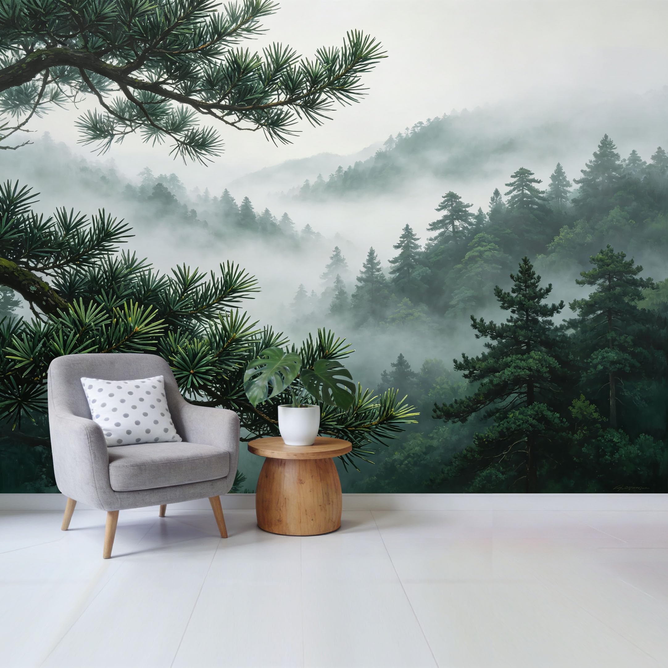 Qzlithotic Yq2605251232 Custom Size Wall Mural Misty Mountain Pine Forest Landscape Watercolor Style Selfadhesive Wall Fabric Removable Wallpaper For Home Office Decor