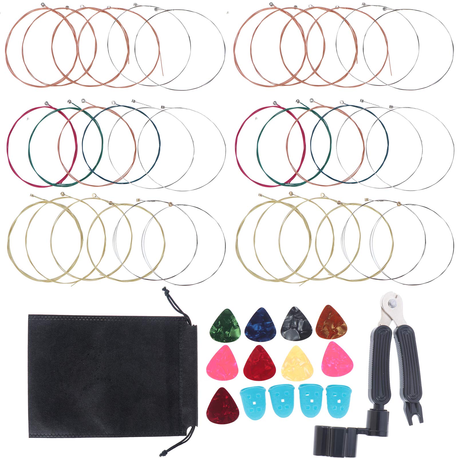 WayJaneDTP 6Sets Acoustic Guitar Strings Replacement Steel Guitar Strings with 9 Pieces Celluloid Guitar Picks, 3-in-1 Restringing Tool, 4Pcs Silicone Finger Cot for Beginners Performers