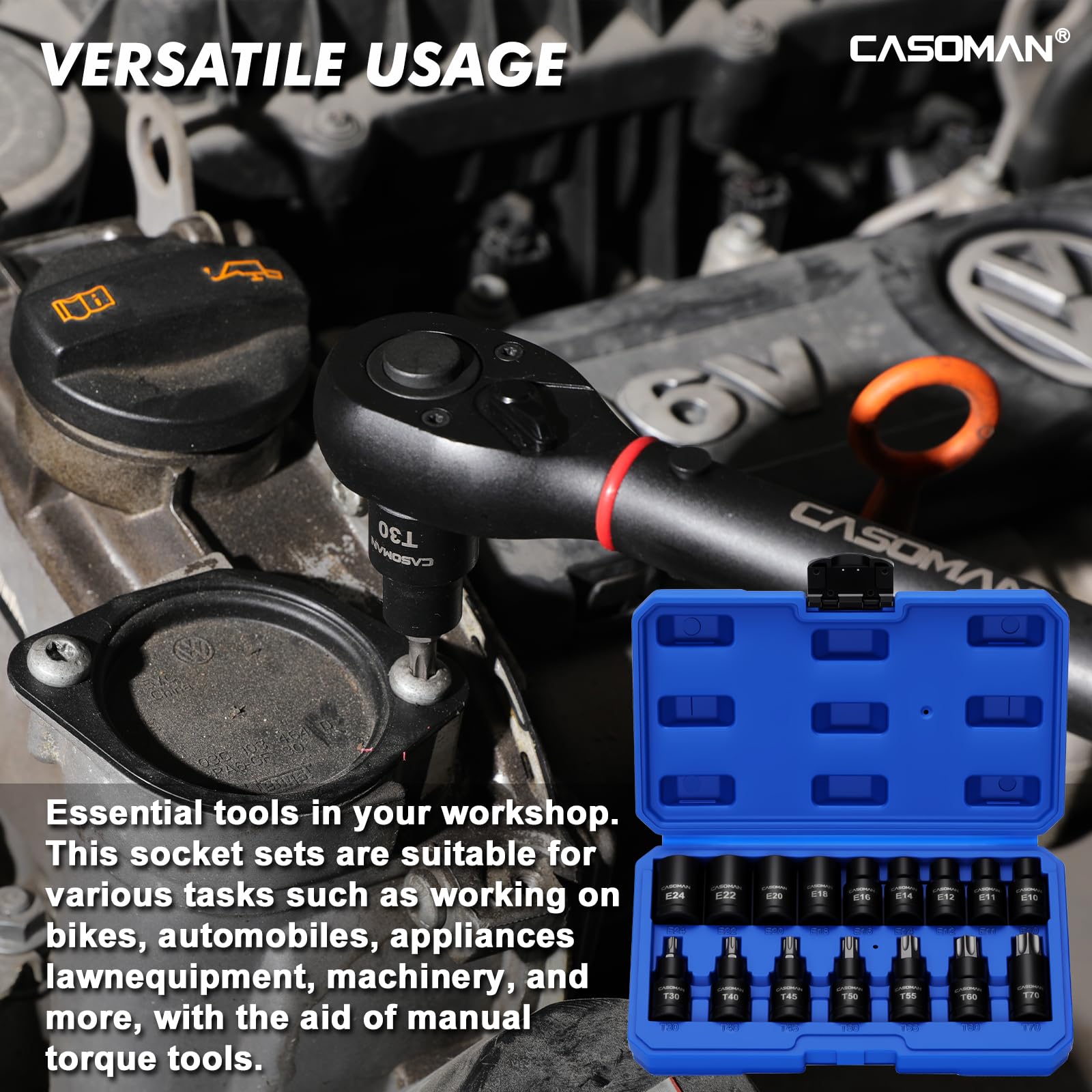 CASOMAN Set di 16 punte TorxBit da 1/2", Torx/Star: T30 T40 T45 T50 T55 T60 T70; E-Torx: E10 E11 E12 E14 E16 E18 E20 E22 E24; CR-V e S2