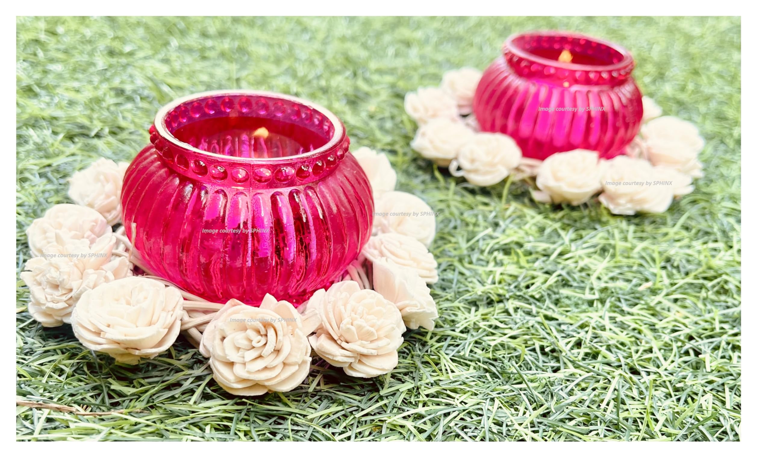SPHINX Glass Votive Candle Holder for home decorations, for Weddings, Dinner Parties, Candle Light Dinners, Gift, Unique Design Votives - (Pink, Press Ribbed Round, 4 Pieces)