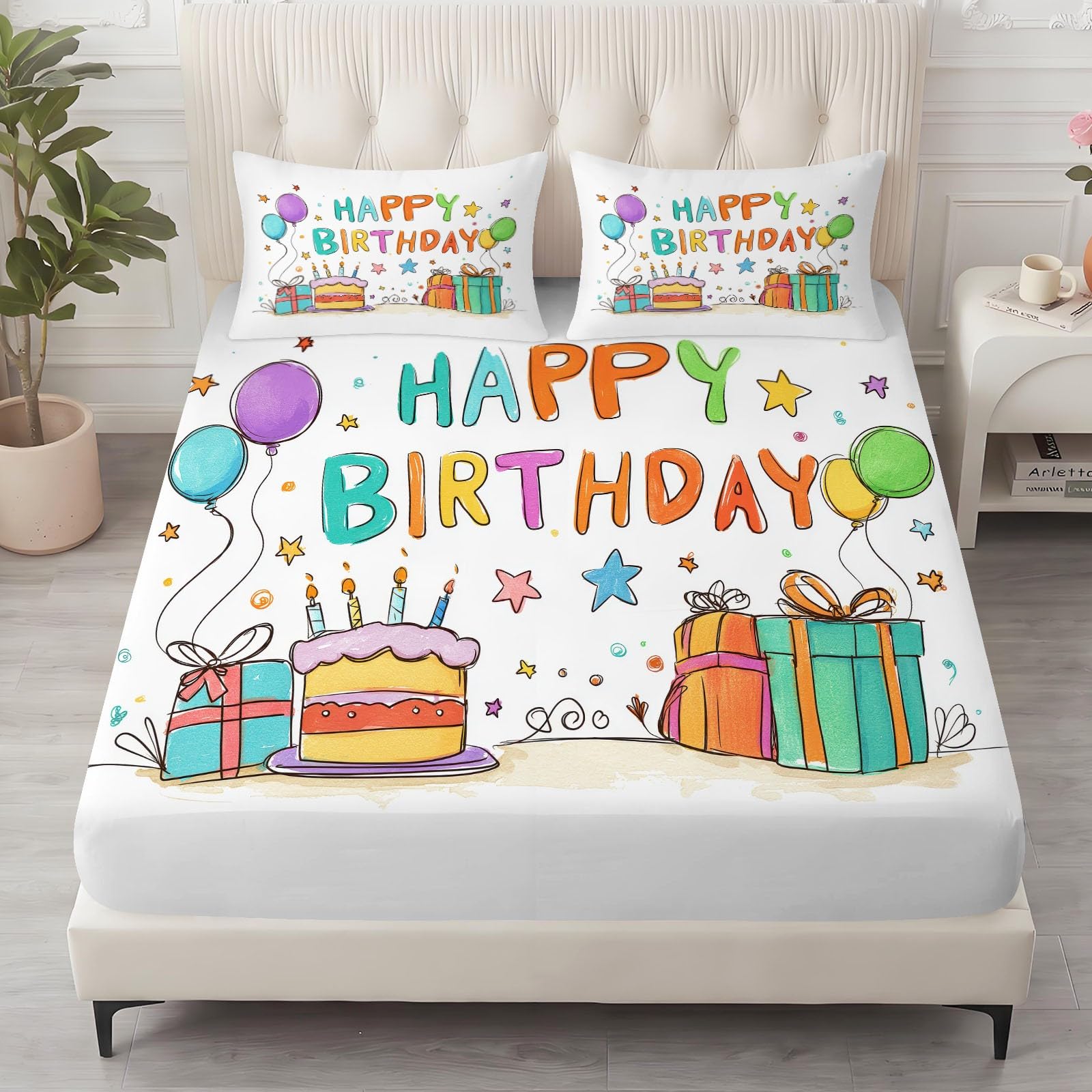Prześcieradło z gumką 180 x 200 cm, motyw kreskówkowy, dekoracja sypialni, zestaw pościeli - tort urodzinowy, balony w gwiazdy, pudełko na prezent, miękkie, przyjazne dla skóry, z 2 poszewkami na