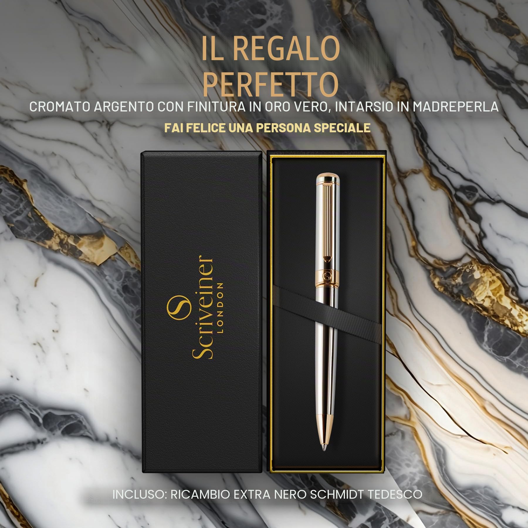 Scriveiner Pen, Splendida Penna a Sfera Cromata Silver, Finitura Placcato in Vero Oro, Refill Inchiostro Nero, Penne Eleganti, Professionali, da Ufficio, Idee Regalo per Lui e per Lei