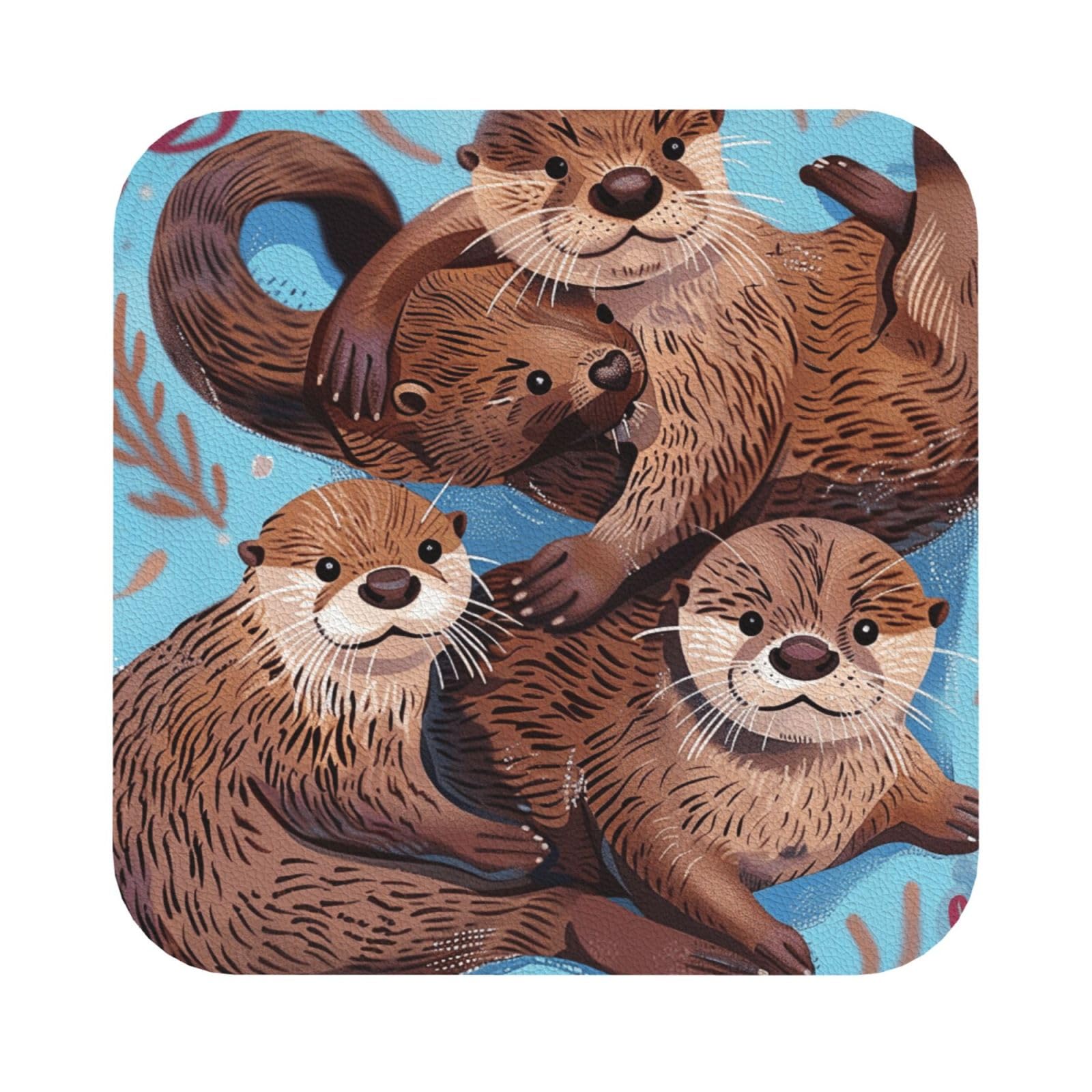 Animal Cute Brown Otters Print Leather Coaster Set of 6, Square Coasters Table Decorative Coffee Cup Beverage Coasters Wine Beer Bar Coasters for Hot Drinks Table Protection
